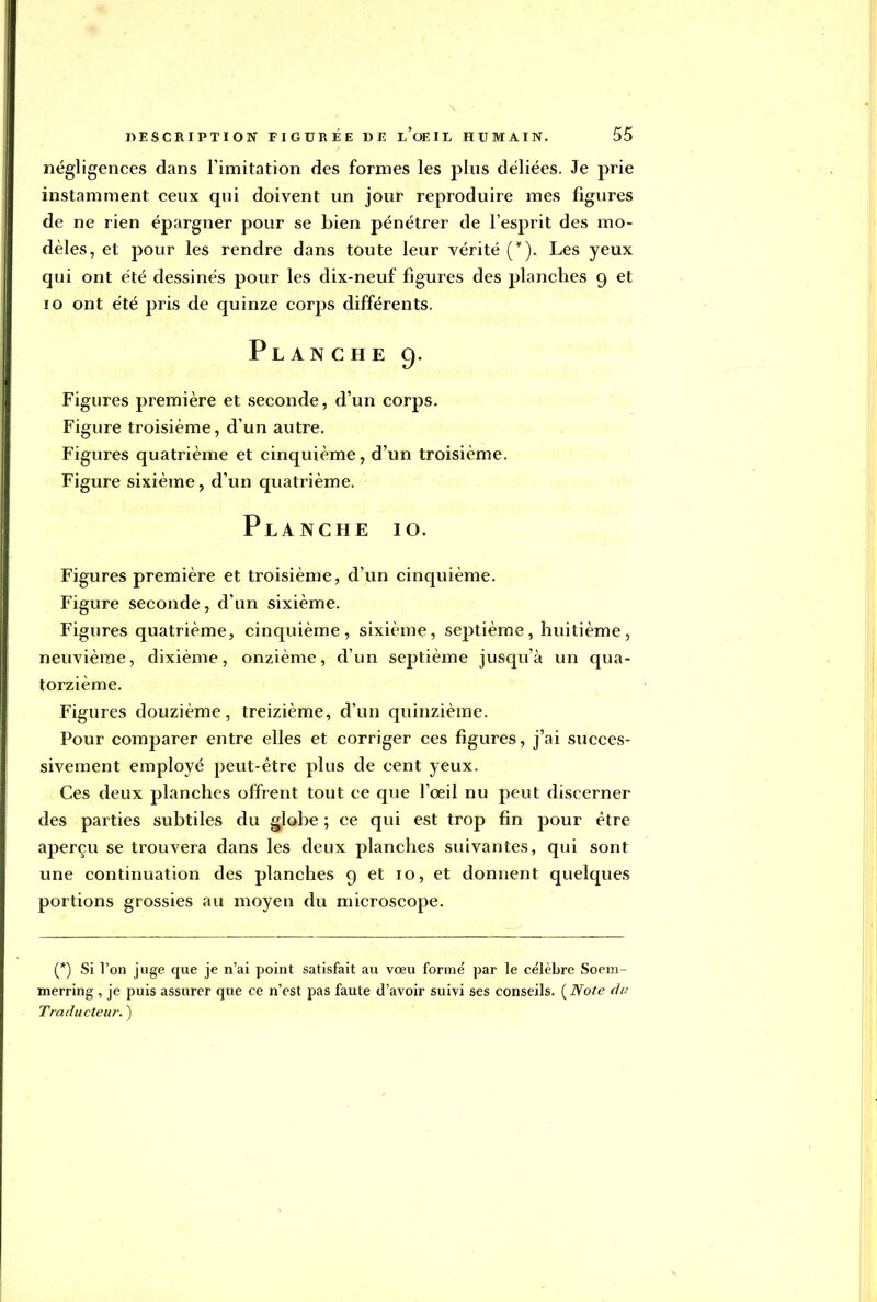 négligences clans l'imitation des formes les plus déliées. Je prie instamment ceux qui doivent un jour reproduire mes figures de ne rien épargner pour se bien pénétrer de l'esprit des mo- dèles, et pour les rendre dans toute leur vérité (*). Les yeux qui ont été dessinés pour les dix-neuf figures des planches 9 et 10 ont été pris de quinze corps différents. Planche 9. Figures première et seconde, d'un corps. Figure troisième, d'un autre. Figures quatrième et cinquième, d'un troisième. Figure sixième, d'un quatrième. Planche 10. Figures première et troisième, d'un cinquième. Figure seconde, d'un sixième. Figures quatrième, cinquième, sixième, septième, huitième, neuvième, dixième, onzième, d'un septième jusqu'à un qua- torzième. Figures douzième, treizième, d'un quinzième. Pour comparer entre elles et corriger ces figures, j'ai succes- sivement employé peut-être plus de cent yeux. Ces deux planches offrent tout ce que l'œil nu peut discerner des parties subtiles du globe ; ce qui est trop fin pour être aperçu se trouvera dans les deux planches suivantes, qui sont une continuation des planches 9 et 10, et donnent quelques portions grossies au moyen du microscope. (*) Si l'on juge que je n'ai point satisfait au vœu formé par le célèbre Soem- merring, je puis assurer que ce n'est pas faute d'avoir suivi ses conseils. (Note du Traducteur. )