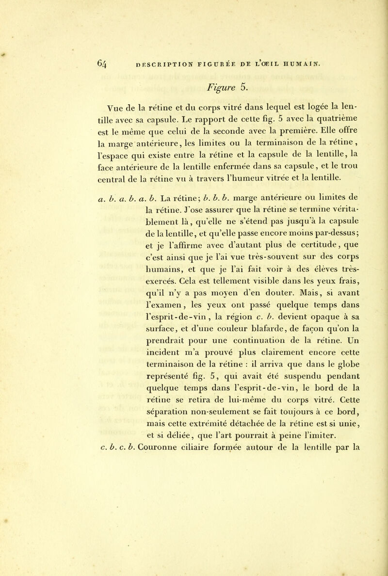 Figure 5. Vue de la rétine et du corps vitré dans lequel est logée la len- tille avec sa capsule. Le rapport de cette fig. 5 avec la quatrième est le même que celui de la seconde avec la première. Elle offre la marge antérieure, les limites ou la terminaison de la rétine, l'espace qui existe entre la rétine et la capsule de la lentille, la face antérieure de la lentille enfermée dans sa capsule, et le trou central de la rétine vu à travers l'humeur vitrée et la lentille. a. b. a. b. a. b. La rétine; b. b. b. marge antérieure ou limites de la rétine. J'ose assurer que la rétine se termine vérita- blement là, qu'elle ne s'étend pas jusqu'à la capsule de la lentille, et qu'elle passe encore moins par-dessus; et je l'affirme avec d'autant plus de certitude, que c'est ainsi que je l'ai vue très-souvent sur des corps humains, et que je l'ai fait voir à des élèves très- exercés. Cela est tellement visible dans les yeux frais, qu'il n'y a pas moyen d'en douter. Mais, si avant l'examen, les yeux ont passé quelque temps dans l'esprit-de-vin , la région c. b. devient opaque à sa surface, et d'une couleur blafarde, de façon qu'on la prendrait pour une continuation de la rétine. Un incident m'a prouvé plus clairement encore cette terminaison de la rétine : il arriva que dans le globe représenté fig. 5, qui avait été suspendu pendant quelque temps dans l'esprit-de-vin, le bord de la rétine se retira de lui-même du corps vitré. Cette séparation non-seulement se fait toujours à ce bord, mais cette extrémité détachée de la rétine est si unie, et si déliée, que l'art pourrait à peine l'imiter. c. b. c. b. Couronne ciliaire formée autour de la lentille par la