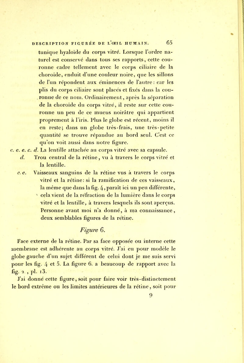 tunique hyaloïde du corps vitré. Lorsque l'ordre na- turel est conservé dans tous ses rapports, cette cou- ronne cadre tellement avec le corps ciliaire de la choroïde, enduit d'une couleur noire, que les sillons de l'un répondent aux éminences de l'autre: car les plis du corps ciliaire sont placés et fixés dans la cou- ronne de ce nom. Ordinairement, après la séparation de la choroïde du corps vitré, il reste sur cette cou- ronne un peu de ce mucus noirâtre qui appartient proprement à l'iris. Plus le globe est récent, moins il en reste; dans un globe très-frais, une très-petite quantité se trouve répandue au bord seul. C'est ce qu'on voit aussi dans notre figure. c. e. e. c. d. La lentille attachée au corps vitré avec sa capsule. d. Trou central de la rétine, vu à travers le corps vitré et la lentille. e. e. Vaisseaux sanguins de la rétine vus à travers le corps vitré et la rétine: si la ramification de ces vaisseaux, la même que dans la fig. 4, paraît ici un peu différente, • cela vient de la réfraction de la lumière dans le corps vitré et la lentille, à travers lesquels ils sont aperçus. Personne avant moi n'a donné, à ma connaissance, deux semblables figures de la rétine. Figure 6. Face externe de la rétine. Par sa face opposée ou interne cette membrane est adhérente au corps vitré. J'ai eu pour modèle le globe gauche d'un sujet différent de celui dont je me suis servi pour les fig. 4 et 5. La figure 6. a beaucoup de rapport avec la fig. 2., pl. i3. J'ai donné cette figure, soit pour faire voir très-distinctement le bord extrême ou les limites antérieures de la rétine, soit pour 9