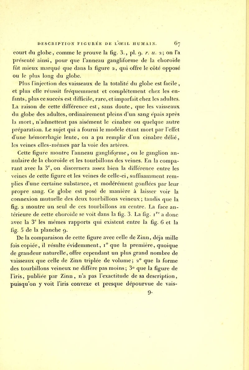 court du globe, comme le prouve la fig. 3., pl. 9. r. u. 2; on l'a présenté ainsi, pour que l'anneau gangliforme de la choroïde fût mieux marqué que dans la figure 2, qui offre le côté opposé ou le plus long du globe. Plus l'injection des vaisseaux de la totalité du globe est facile , et plus elle réussit fréquemment et complètement chez les en- fants, plus ce succès est difficile, rare, et imparfait chez les adultes. La raison de cette différence est, sans doute, que les vaisseaux du globe des adultes, ordinairement pleins d'un sang épais après la mort, n'admettent pas aisément le cinabre ou quelque autre préparation. Le sujet qui a fourni le modèle étant mort par l'effet d'une hémorrhagie lente, on a pu remplir d'un cinabre délié, les veines elles-mêmes par la voie des artères. Cette figure montre l'anneau gangliforme, ou le ganglion an- nulaire de la choroïde et les tourbillons des veines. En la compa- rant avec la 3e, on discernera assez bien la différence entre les veines de cette figure et les veines de celle-ci, suffisamment rem- plies d'une certaine substance, et modérément gonflées par leur propre sang. Ce globe est posé de manière à laisser voir la connexion mutuelle des deux tourbillons veineux ; tandis que la fig. 2 montre un seul de ces tourbillons au centre. La face an- térieure de cette choroïde se voit dans la fig. 3. La fig. ire a donc avec la 3e les mêmes rapports qui existent entre la fig. 6 et la fig. 5 de la planche 9. De la comparaison de cette figure avec celle de Zinn, déjà mille fois copiée, il résulte évidemment, i° que la première, quoique de grandeur naturelle, offre cependant un plus grand nombre de vaisseaux que celle de Zinn triplée de volume; 20 que la forme des tourbillons veineux ne diffère pas moins; 3° que la figure de l'iris, publiée par Zinn, n'a pas l'exactitude de sa description, puisqu'on y voit l'iris convexe et presque dépourvue de vais- 9-