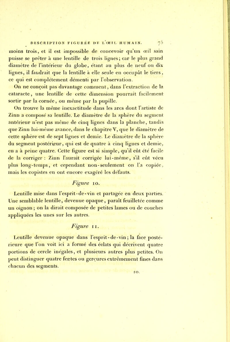 moins trois, et il est impossible de concevoir qu'un œil sain puisse se prêter k une lentille de trois lignes; car le plus grand diamètre de l'intérieur du globe, étant au plus de neuf ou dix lignes, il faudrait que la lentille à elle seule en occupât le tiers . ce qui est complètement démenti par l'observation. On ne conçoit pas davantage comment, dans l'extraction de la cataracte, une lentille de cette dimension pourrait facilement sortir par la cornée, ou même par la pupille. On trouve la même inexactitude dans les arcs dont l'artiste de Zinn a composé sa lentille. Le diamètre de la sphère du segment antérieur n'est pas même de cinq lignes dans la planche, tandis que Zinn lui-même avance, dans le chapitre V, que le diamètre de cette sphère est de sept lignes et demie. Le diamètre de la sphère du segment postérieur, qui est de quatre à cinq lignes et demie, en a à peine quatre. Cette figure est si simple, qu'il eût été facile de la corriger : Zinn l'aurait corrigée lui-même, s'il eût vécu plus long-temps, et cependant non-seulement on l'a copiée, mais les copistes en ont encore exagéré les défauts. Figure 10. Lentille mise dans l'esprit-de-vin et partagée en deux parties. Une semblable lentille, devenue opaque, paraît feuilletée comme un oignon ; on la dirait composée de petites lames ou de couches appliquées les unes sur les autres. Figure 11. Lentille devenue opaque dans l'esprit-de-vin ; la face posté- rieure que l'on voit ici a formé des éclats qui décrivent quatre portions de cercle inégales, et plusieurs autres plus petites. On peut distinguer quatre fentes ou gerçures extrêmement fines dans chacun des segments.