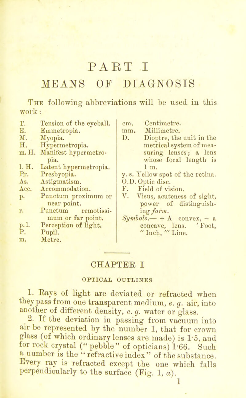 MEANS OF DIAGNOSIS The following abbreviations will be used in this work: T. Tension of the eyeball. E. Emmetropia. M. Myopia. H. Hypermetropia. m, H. Manifest hypermetro- pia. I. H. Latent hypermetropia. Pr. Presbyopia. As. Astigmatism. Ace. Accommodation. p. Punctum proximum or near point, r. Punctum remotissi- mum or far point, p. 1. Perception of light. P. Pupil, m. Metre, cm. Centimetre. mm. Millimetre. D. Dioptre, the unit in the metrical system of mea- suring lenses; a lens whose focal length is 1 m. y. s. Yellow spot of the retina. O.D. Optic disc. F. Field of vision. V. Visus, acuteuess of sight, power of distinguish- ing form. Symbols. 1- A convex, — a concave, lens. ' Foot,  Inch, ' Line. CHAPTER I OPTICAL OUTLINES 1. Rays of ligbt are deviated or refracted when they pass from one transparent medium, e. g. air, into another of different density, e. g. water or glass. 2. If the deviation in passing from vacuum into air be represented by the number 1, that for crown glass (of which ordinary lenses are made) is 1-5, and for rock crystal ( pebble of opticians) 1-66. Such a number is the  refractive index of the substance. Every ray is refracted except the one which falls perpendicularly to the surface (Fig. 1, «). 1