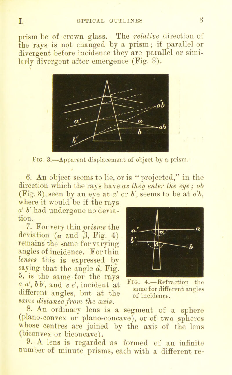 j^rism be of crown glass. The relative dii-eotioii of the rays is not changed by a prism; if parallel or divergent before incidence they are parallel or simi- larly divergent after emei-geuce (Fig. 3). Fig. 3.—Apparent displacement of object by a prism. 6. An object seems to lie, oris projected, in the direction which the rays have as they enter the eye; oh (Fig. 3), seen by an eye at a' or b', seems to be at o'h, where it would be if the rays a' b' had undergone no devia- tion. 7. For very thin prisms the deviation (a and /3, Fig. 4) remains the same for varying angles of incidence. For thin lenses this is expressed by saying that the angle d, Fig. 5, is the same for the rays «■ hh', and c c', incident at different angles, but at the same distance from the axis. 8. An ordinary lens is a ..^^ „ (plano-convex or plano-concave), or of two spheres whose centres are joined by the axis of the lens (biconvex or biconcave). 9. A lens is regarded as formed of an infinite number of minute prisms, each with a different re- 1 —, cc Fig. 4.—Refraction the same for different angles of incidence. segment of a sphere