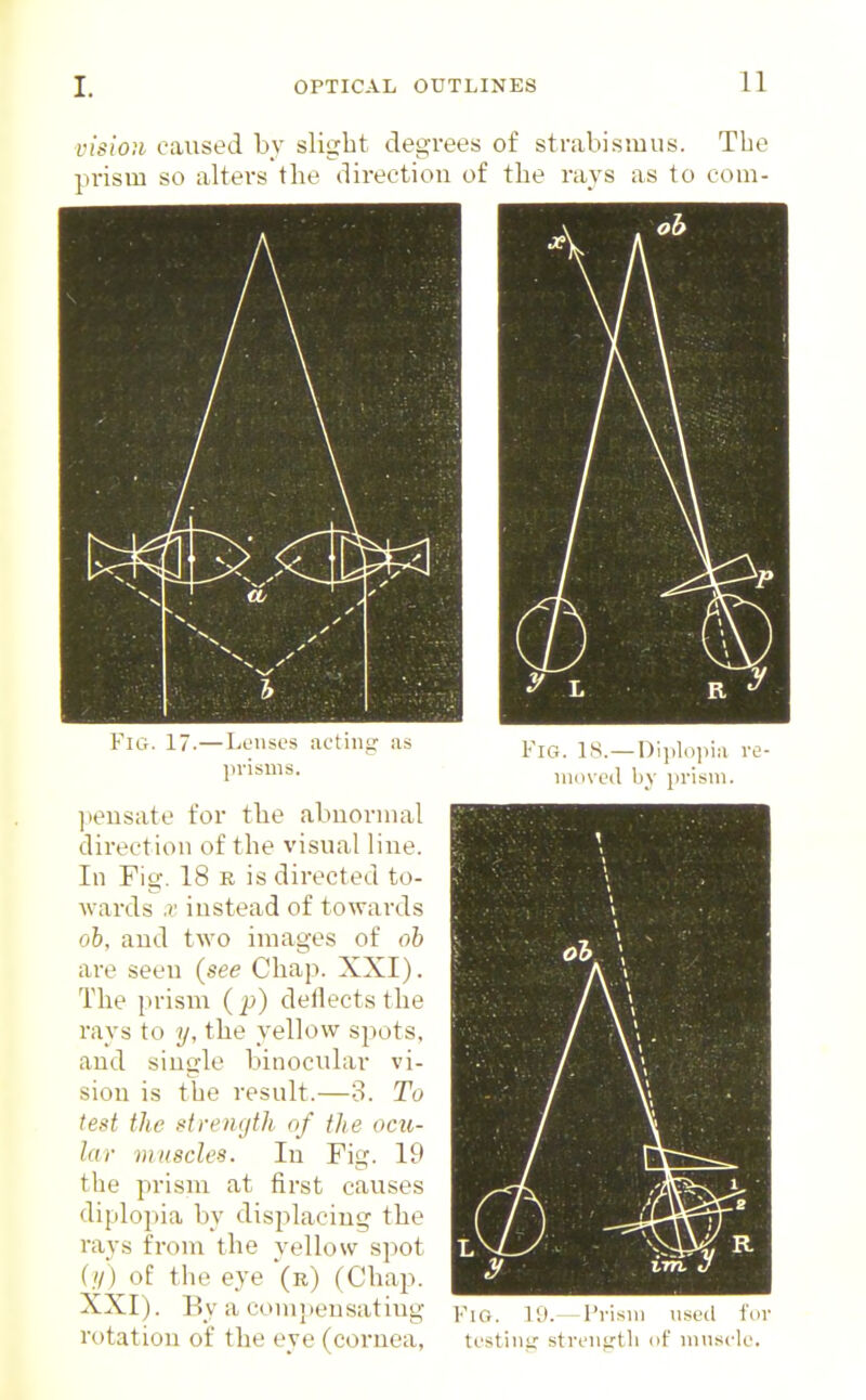 vision caused by slight degrees of strabismus. The prism so alters the direetiou of the rays as to com- FiG. 17.—Lenses aeting as prisms. ]ieusate for the abuoruial direction of the visual line. In Fig. 18 E is directed to- wards X instead of towards oh, and two images of oh are seen (see Chap. XXI). The prism (p) deflects the rays to y, the yellow spots, and single binocular vi- sion is the result.—3. To test the strength of the ocu- lar muscles. In Fig. 19 the prism at first causes diplojjia by displacing the rays from the yellow spot (//) of the eye (r) (Chap. XXI). By a compensating rotation of the eye (cornea, Fig. is.—Diiilo]iia re moved by prism. Fio. ly.—I'risii) usetl i'ur testing strength of mnsele.