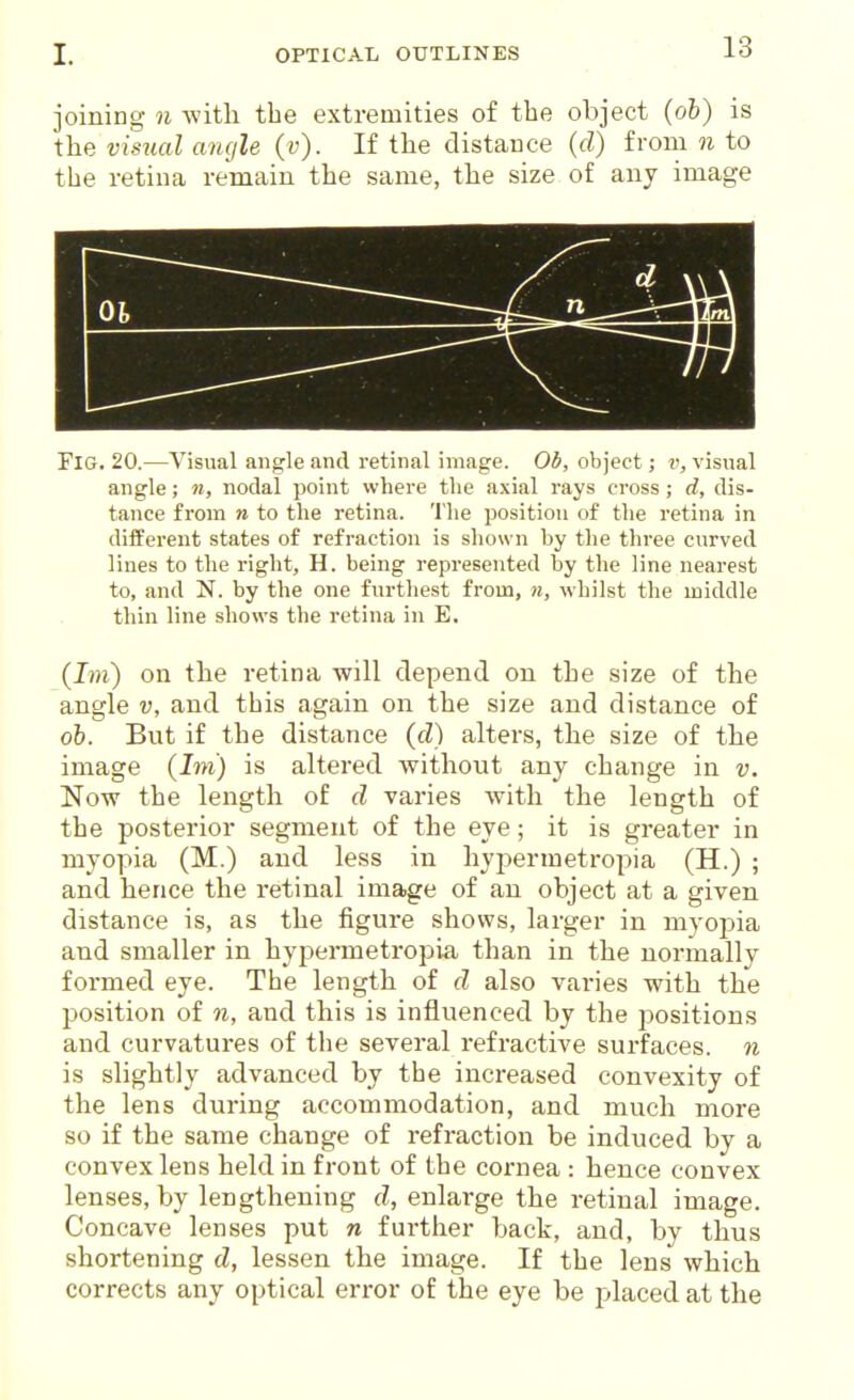 joining n witli the extremities of the object (ob) is tlie visual angle (v). If the distance (d) from n to the retina remain the same, the size of any image Fig. 20.—Visvial angle and retinal image. Ob, object; v, visual angle; n, nodal point where the axial rays cross ; d, dis- tance from n to the retina. The position of the retina in different states of refraction is shown by the three curved lines to the right, H. being represented by the line nearest to, and N. by the one furthest from, n, whilst the middle thin line shows the retina in E. (Ini) on the retina will depend on the size of the angle v, and this again on the size and distance of ob. But if the distance (d) alters, the size of the image (Jm) is altered without any change in v. Now the length of d varies with the length of the posterior segment of the eye; it is greater in myopia (M.) and less in hypermetropia (H.) ; and hence the retinal image of an object at a given distance is, as the figure shows, larger in myoj^ia and smaller in hypermetropia than in the normally formed eye. The length of d also varies with the position of n, and this is influenced by the positions and curvatures of the several refractive surfaces, n is slightly advanced by the increased convexity of the lens during accommodation, and much more 80 if the same change of refraction be induced by a convex lens held in front of the cornea : hence convex lenses, by lengthening d, enlarge the retinal image. Concave lenses put n further back, and, by thus shortening d, lessen the image. If the lens which corrects any optical error of the eye be placed at the