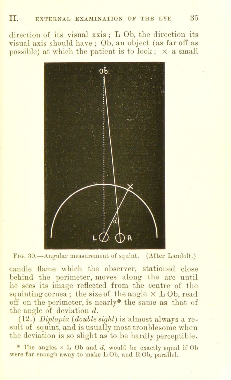 direetion of its visual axis ; L Ob, the direction its visual axis should have ; Ob, an object (as far off as possible) at which the patient is to look ; x a small Ob. Fio. 30.—Angular measurenieut of squint. (After Landolt.) candle flame which the observer, stationed close behind the perimeter, moves along the arc until he sees its image reflected from the centre of the squinting cornea ; the size of the angle X L Ob, read off on the perimeter, is nearly* the same as that of the angle of deviation cl. (12.) Diplojna (double sigJd) is almost always a re- sult of squint, and is usually most troublesome when the deviation is so slight as to be hardly perceptible. * The angles x L Ob and d, would be exactly equal if Ob were far enough away to make L Ob, and ROb, paralli-1.