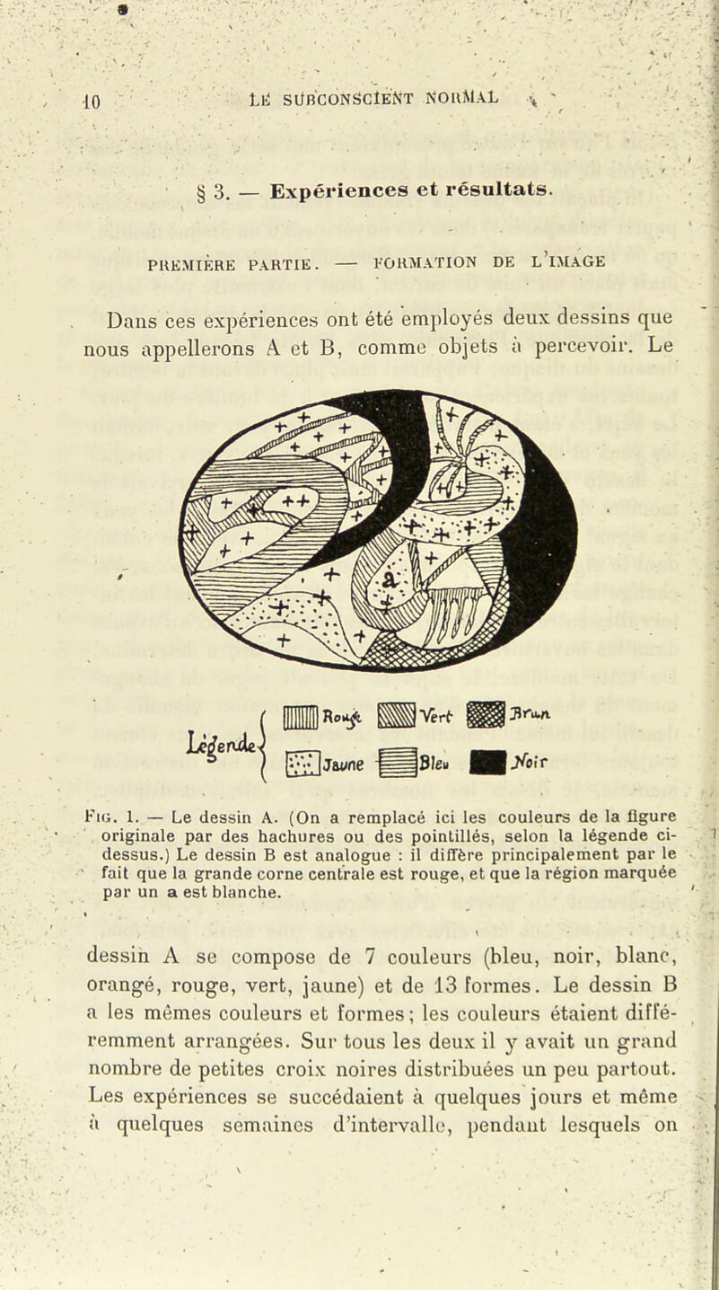 . t § 3. — Expériences et résultats. \ PREMIÈRE PARTIE. FORMATION DE LIMAGE Dans ces expériences ont été employés deux dessins que nous appellerons A et B, comme objets a percevoir. Le Fig. 1. — Le dessin A. (On a remplacé ici les couleurs de la figure originale par des hachures ou des pointillés, selon la légende ci- dessus.) Le dessin B est analogue : il diffère principalement par le fait que la grande corne centrale est rouge, et que la région marquée par un a est blanche. > ' • - *, dessin A se compose de 7 couleurs (bleu, noir, blanc, orangé, rouge, vert, jaune) et de 13 formes. Le dessin B a les mêmes couleurs et formes ; les couleurs étaient diffé- remment arrangées. Sur tous les deux il y avait un grand nombre de petites croix noires distribuées un peu partout. Les expériences se succédaient à quelques jours et même à quelques semaines d’intervalle, pendant lesquels on