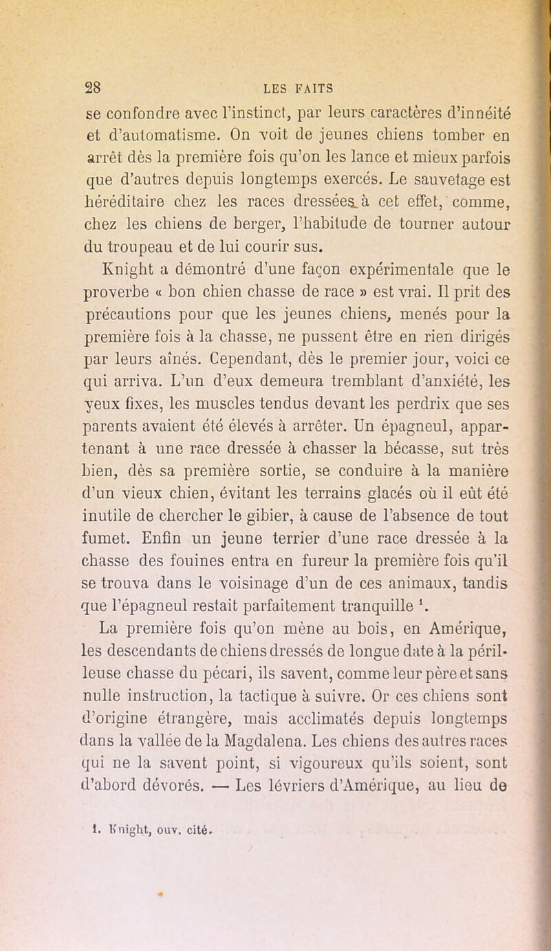 se confondre avec l'instinct, par leurs caractères d'innéité et d'automatisme. On voit de jeunes chiens tomber en arrêt dès la première fois qu'on les lance et mieux parfois que d'autres depuis longtemps exercés. Le sauvetage est héréditaire chez les races dressées, à cet effet, comme, chez les chiens de berger, l'habitude de tourner autour du troupeau et de lui courir sus. Knight a démontré d'une façon expérimentale que le proverbe « bon chien chasse de race » est vrai. Il prit des précautions pour que les jeunes chiens, menés pour la première fois à la chasse, ne pussent être en rien dirigés par leurs aînés. Cependant, dès le premier jour, voici ce qui arriva. L'un d'eux demeura tremblant d'anxiété, les yeux fixes, les muscles tendus devant les perdrix que ses parents avaient été élevés à arrêter. Un épagneul, appar- tenant à une race dressée à chasser la bécasse, sut très bien, dès sa première sortie, se conduire à la manière d'un vieux chien, évitant les terrains glacés où il eût été inutile de chercher le gibier, à cause de l'absence de tout fumet. Enfin un jeune terrier d'une race dressée à la chasse des fouines entra en fureur la première fois qu'il se trouva dans le voisinage d'un de ces animaux, tandis que l'épagneul restait parfaitement tranquille La première fois qu'on mène au bois, en Amérique, les descendants de chiens dressés de longue date à la péril- leuse chasse du pécari, ils savent, comme leur père et sans nulle instruction, la tactique à suivre. Or ces chiens sont d'origine étrangère, mais acclimatés depuis longtemps dans la vallée de la Magdalena. Les chiens des autres races qui ne la savent point, si vigoureux qu'ils soient, sont d'abord dévorés. — Les lévriers d'Amérique, au lieu de i. Knight, ouv. cité.