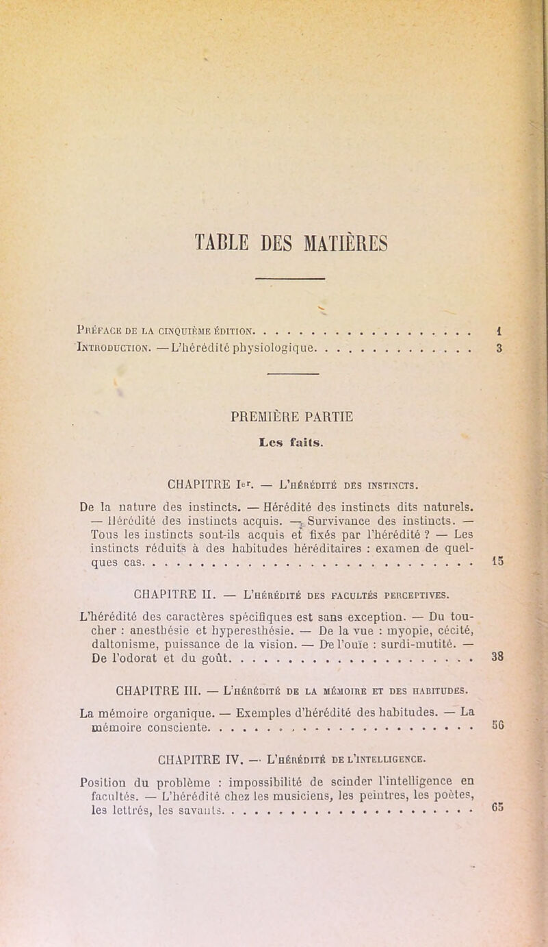 TABLE DES MATIÈRES Préface de la cinquième édition Introduction. —L'hérédité physiologique PREMIÈRE PARTIE Les faits. CHAPITRE hT. — L'hérédité dés instincts. De la nature des instincts. — Hérédité des instincts dits naturels. — Hérédité des instincts acquis. —; Survivance des instincts. — Tous les instincts sont-ils acquis et fixés par l'hérédité ? — Les instincts réduits à des habitudes héréditaires : examen de quel- ques cas CHAPITRE II. — L'hérédité des facultés perceptives. L'hérédité des caractères spécifiques est sans exception. — Du tou- cher : anesthésie et hypereslhésie. — De la vue : myopie, cécité, daltonisme, puissance de la vision. — De l'ouïe : surdi-mutité. — De l'odorat et du goût CHAPITRE III. — L'hérédité de la mémoire et des habitudes. La mémoire organique. — Exemples d'hérédité des habitudes. — La mémoire consciente CHAPITRE IV. — L'hérédité de l'intelligence. Position du problème : impossibilité de scinder l'intelligence en facultés. — L'hérédité chez les musiciens, les peintres, les poètes, les lettrés, les savants