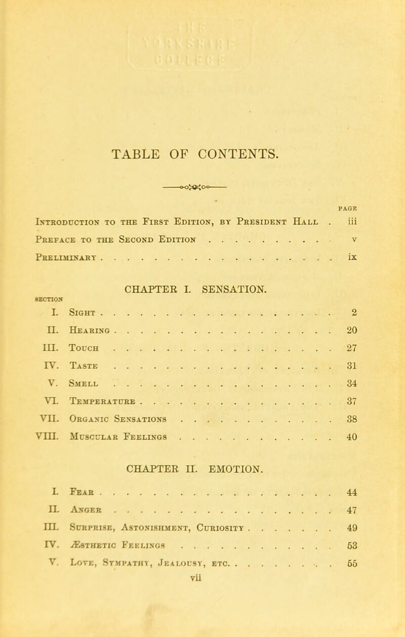 TABLE OF CONTENTS PAGE INTRODUCTION TO THE FlRST EDITION, BY PRESIDENT HaLL . iii Preface to the Second Edition v Preliminary ix CHAPTER I. SENSATION. SECTION I. Sight 2 H. Hearing 20 III. Touch 27 IV. Taste 31 V. Smell 34 VI. Temperature 37 VII. Organic Sensations 38 VUI. Muscular Feelings 40 CHAPTER II. EMOTION. L Fear 44 II. Anger 47 HI. Surprise, Astonishment, Curiosity 49 IV. ./Esthetic Feelings 63 V. Love, Sympathy, Jealousy, etc . 65