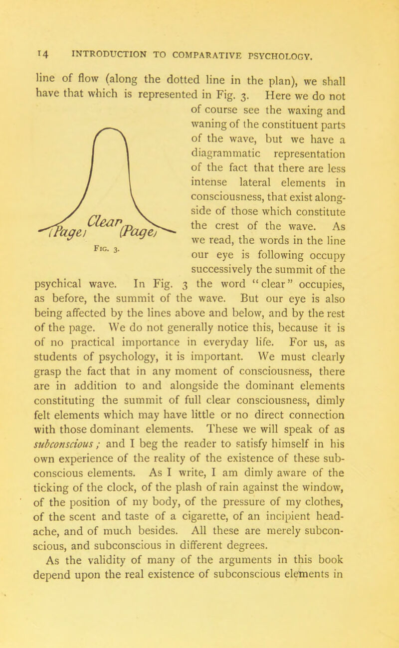 Clean . irage-i [.ragej Fig. 3. line of flow (along the dotted line in the plan), we shall have that which is represented in Fig. 3. Here we do not of course see the waxing and waning of the constituent parts of the wave, but we have a diagrammatic representation of the fact that there are less intense lateral elements in consciousness, that exist along- side of those which constitute the crest of the wave. As we read, the words in the line our eye is following occupy successively the summit of the psychical wave. In Fig. 3 the word “clear” occupies, as before, the summit of the wave. But our eye is also being affected by the lines above and below, and by the rest of the page. We do not generally notice this, because it is of no practical importance in everyday life. For us, as students of psychology, it is important. We must clearly grasp the fact that in any moment of consciousness, there are in addition to and alongside the dominant elements constituting the summit of full clear consciousness, dimly felt elements which may have little or no direct connection with those dominant elements. These we will speak of as subconscious ; and I beg the reader to satisfy himself in his own experience of the reality of the existence of these sub- conscious elements. As I write, I am dimly aware of the ticking of the clock, of the plash of rain against the window, of the position of my body, of the pressure of my clothes, of the scent and taste of a cigarette, of an incipient head- ache, and of much besides. All these are merely subcon- scious, and subconscious in different degrees. As the validity of many of the arguments in this book depend upon the real existence of subconscious elements in