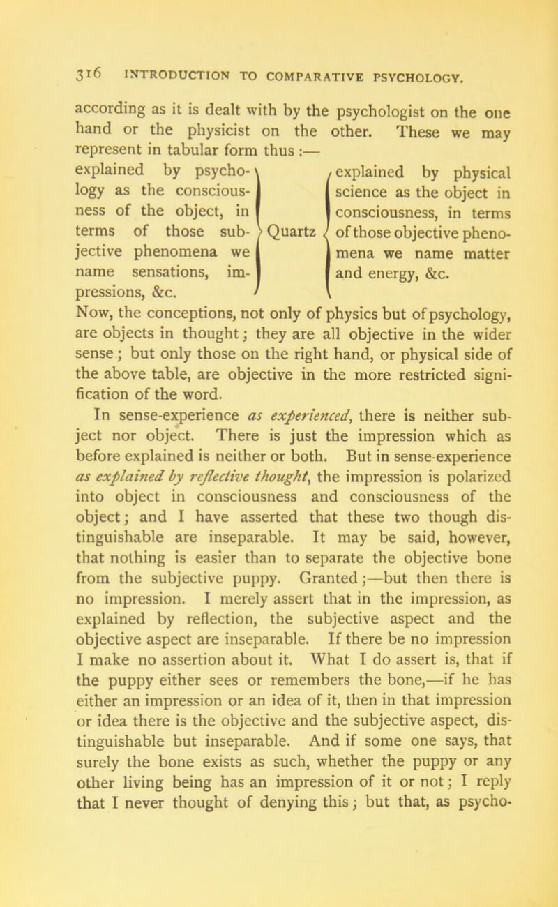 according as it is dealt with by the psychologist on the one hand or the physicist on the other. These we may represent in tabular form thus :— explained by psycho- \ , explained by physical logy as the conscious- 1 | science as the object in ness of the object, in | I consciousness, in terms terms of those sub- > Quartz / of those objective pheno- jective phenomena we i 1 mena we name matter name sensations, im-1 I and energy, &c. pressions, &c. ' \ Now, the conceptions, not only of physics but of psychology, are objects in thought; they are all objective in the wider sense; but only those on the right hand, or physical side of the above table, are objective in the more restricted signi- fication of the word. In sense-experience as experienced, there is neither sub- ject nor object. There is just the impression which as before explained is neither or both. But in sense-experience as explained by reflective thought, the impression is polarized into object in consciousness and consciousness of the object; and I have asserted that these two though dis- tinguishable are inseparable. It may be said, however, that nothing is easier than to separate the objective bone from the subjective puppy. Granted;—but then there is no impression. I merely assert that in the impression, as explained by reflection, the subjective aspect and the objective aspect are inseparable. If there be no impression I make no assertion about it. What I do assert is, that if the puppy either sees or remembers the bone,—if he has either an impression or an idea of it, then in that impression or idea there is the objective and the subjective aspect, dis- tinguishable but inseparable. And if some one says, that surely the bone exists as such, whether the puppy or any other living being has an impression of it or not; I reply that I never thought of denying this; but that, as psycho-