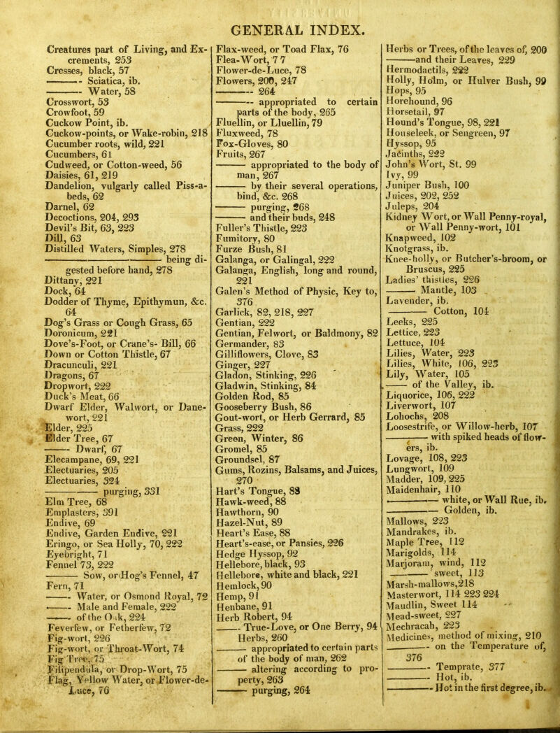 crements, 253 Cresses, black, 57 ——— - Sciatica, ib. Water, 58 Crosswort, 53 Crowfoot, 59 Cuckow Point, ib. Cuckow-points, or Wake-robin, 218 Cucumber roots, wild, 221 Cucumbers, 6l Cudweed, or Cotton-weed, 56 Daisies, 61, 219 Dandelion, vulgarly called Piss-a- beds, 62 Darnel, 62 Decoctions, 204, 293 Devil’s Bit, 63, 223 Dill, 63 Distilled Waters, Simples, 278 being di- gested before hand, 278 Dittany, 221 Dock, 64 Dodder of Thyme, Epithymun, &c. 64 Dog’s Grass or Cough Grass, 65 Doronicum, 221 Dove’s-Foot, or Crane’s- Bill, 66 Down or Cotton Thistle, 67 Dracunculi, 221 Dragons, 67 Drop wort, 222 Duck’s Meat, 66 Dwarf Elder, Walwort, or Bane- wort, 221 Elder, 225 Elder Tree, 67 Dwarf, 67 Elecampane, 69, 221 Electuaries, 205 Electuaries, 324 purging, 331 Elm Tree, 68 Emplasters, 391 Endive, 69 Endive, Garden Endive, 221 Eringo, or Sea Holly, 70, 222 Eyebright, 71 Fennel 73, 222 Sow, or^Hog’s Fennel, 47 Fern, 71 Water, or Osmond Royal, 72 Male and Female, 222 •——— of the O ik, 224 Feverfew, or Fetherfew, 72 Fig-wort, 226 Fig-wort, or Throat-Wort, 74 Fig Tree,/75 Fiiipendula, or Drop-Wort, 75 Flag, Yellow Water, orElower-de- Luce, 76 GENERAL INDEX. Flea-Wort, 7 7 Flower-de-Luce, 78 Flowers, 200, 247 264 appropriated to certain parts of the body, 265 Fluellin, or Lluellin, 79 Fluxweed, 78 Fox-Gloves, 80 Fruits, 267 appropriated to the body of man, 267 by their several operations, bind, &c. 268 purging, 268 and their buds, 248 Fuller’s Thistle, 223 Fumitory, 80 Furze Bush, 81 Galanga, or Galingal, 222 Galanga, English, long and round, 221 Galen’s Method of Physic, Key to, 376 Garlick, 82, 218, 227 Gentian, 222 Gentian, Felwort, or Baldmony, 82 Germander, 83 Gilliflowers, Clove, 83 Ginger, 227 Gladon, Stinking, 226 Gladwin, Stinking, 84 Golden Rod, 85 Gooseberry Bush, 86 Gout-wort, or Herb Gerrard, 85 Grass, 222 Green, Winter, 86 Gromel, 85 Groundsel, 87 Gums, Rozins, Balsams, and Juices, 270 Hart’s Tongue, 83 Hawk-weed, 88 Hawthorn, 90 Hazel-Nut, 89 Heart’s Ease, 88 Heart’s-ease, or Pansies, 226 Hedge Hyssop, 92 Hellebore, black, 93 Hellebore, white and black, 221 Hemlock, 90 Hemp, 91 Henbane, 91 Herb Robert, 94 True-Love, or One Berry, 94 Herbs, 260 — appropriated to certain parts of the body of man, 262 — altering according to pro- perty, 263 — purging, 264 and their Leaves, 229 Hermodactils, 222 Holly, Holm, or Hulver Bush, 99 Hops, 95 Horehound, 96 Horsetail, 97 Hound’s Tongue, 98, 221 Houseleek, or Sengreen, 97 Hyssop, 95 Jacinths, 222 John’s Wort, St. 99 Ivy, 99 Juniper Bush, 100 J uices, 202, 252 Juleps, 204 Kidney Wort, or Wall Penny-royal, or Wall Penny-wort, 101 Knapweed, 102 Knotgrass, ib. Knee-holly, or Butcher’s-broom, or Bruscus, 225 Ladies’ thisUes, 226 Mantle, 103 Lavender, ib. Cotton, 104 Leeks, 225 Lettice, 223 Lettuce, 104 Lilies, Water, 223 Lilies, White, 106, 223 Lily, Water, 105 of the Valley, ib. Liquorice, 106, 222 Liverwort, 107 Lohochs, 208 Loosestrife, or Willow-herb, 107 with spiked heads of flow- Lova^ge’ 'l08, 223 Lungwort, 109 Madder, 109, 225 Maidenhair, 110 ————— white, or Wall Rue, ib, Golden, ib. Mallows, 223 Mandrakes, ib. Maple Tree, 112 Marigolds, 114 Marjoram, wind, 112 sweet, 113 Marsh-mallows,218 Masterwort, 114 223 224 Maudlin, Sweet 114 Mead-sweet, 227 Mechracah, 223 Medicines, method of mixing, 210 — on the Temperature of, 376 Temprate, 377 — Hot, ib. Hot in the first degree, ib.