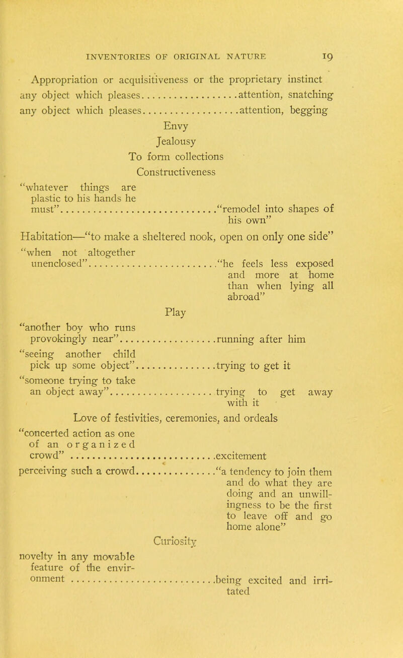 Appropriation or acquisitiveness or the proprietary instinct any object which pleases attention, snatching any object which pleases attention, begging Envy Jealousy To form collections Constructiveness “whatever things are plastic to his hands he must” “remodel into shapes of his own” Habitation—“to make a sheltered nook, open on only one side” “when not altogether unenclosed” “he feels less exposed and more at home than when lying all abroad” Play “another boy who runs provokingly near” running after him “seeing another child pick up some object” trying to get it “someone trying to take an object away” trying to get away with it Love of festivities, ceremonies, and ordeals “concerted action as one of an organized crowd” excitement « perceiving such a crowd “a tendency to join them and do what they are doing and an unwill- ingness to be the first to leave off and go home alone” Curiosity novelty in any movable feature of the envir- onment being excited and irri- tated