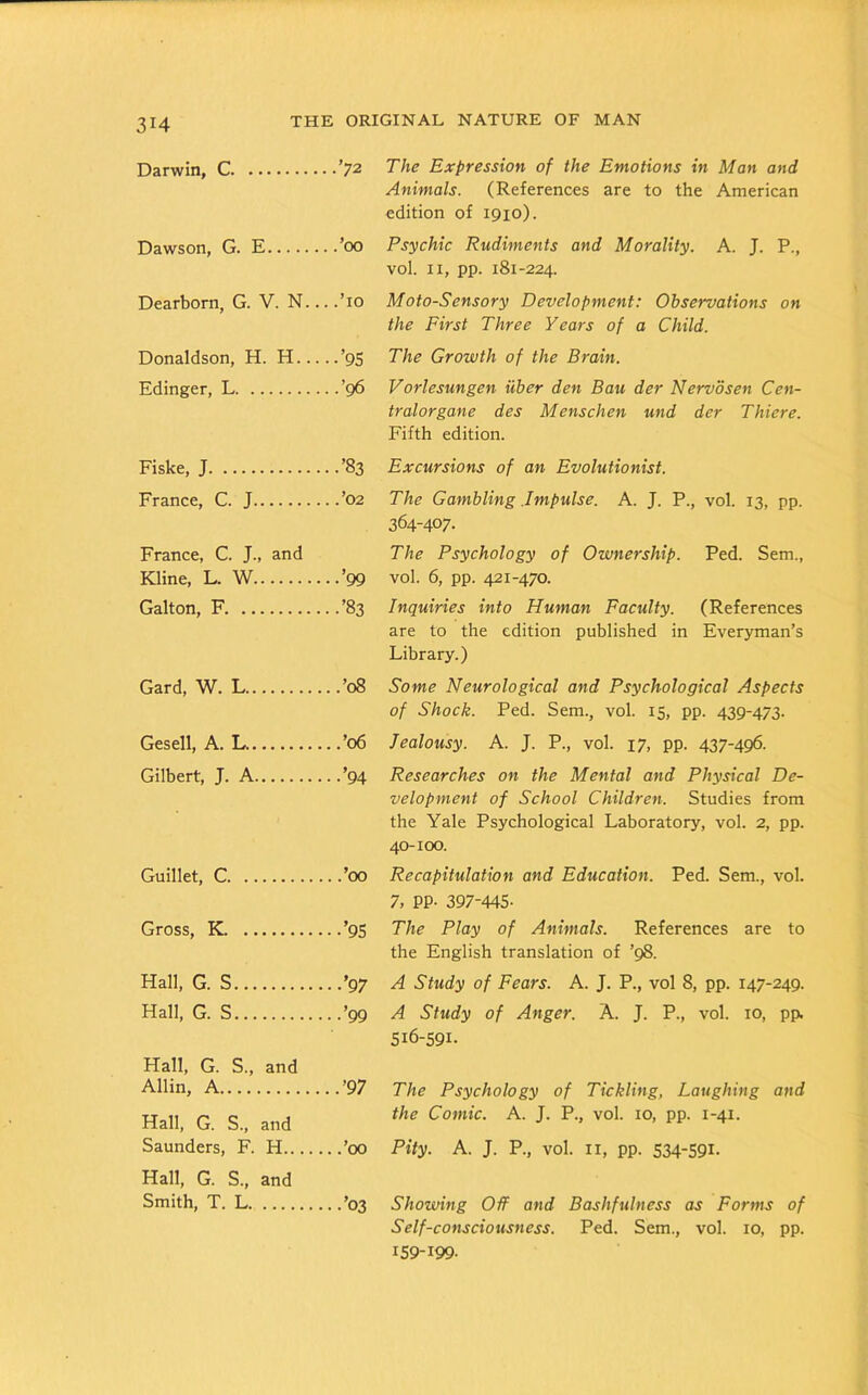 3H Darwin, C ’72 The Expression of the Emotions in Man and, Animals. (References are to the American edition of 1910). Dawson, G. E ’00 Psychic Rudiments and Morality. A. J. P., vol. 11, pp. 181-224. Dearborn, G. V. N ’10 Moto-Sensory Development: Observations on the First Three Years of a Child. Donaldson, H. H ’95 The Growth of the Brain. Edinger, L ’96 Vorlesungen iiber den Bail der Nervosen Cen- tralorgane des Menschen und der Thiere. Fifth edition. Fiske, J ’83 Excursions of an Evolutionist. France, C. J ’02 The Gambling Impulse. A. J. P., vol. 13, pp. 364-407. France, C. J., and The Psychology of Ownership. Ped. Sem., Kline, L. W ’99 vol. 6, pp. 421-470. Galton, F ’83 Inquiries into Human Faculty. (References are to the edition published in Everyman’s Library.) Gard, W. L ’08 Some Neurological and Psychological Aspects of Shock. Ped. Sem., vol. 15, pp. 439-473. Gesell, A. L ’06 Jealousy. A. J. P., vol. 17, pp. 437-496. Gilbert, J. A ’94 Researches on the Mental and Physical De- velopment of School Children. Studies from the Yale Psychological Laboratory, vol. 2, pp. 40-100. Guillet, C ’00 Recapitulation and Education. Ped. Sem., vol. 7, PP- 397-445- Gross, K ’95 The Play of Animals. References are to the English translation of ’98. Hall, G. S ’97 A Study of Fears. A. J. P., vol 8, pp. 147-249. Hall, G. S ’99 A Study of Anger. A. J. P., vol. 10, pp. 516-591. Hall, G. S., and Allin, A ’97 The Psychology of Tickling, Laughing and Hall, G. S., and the Comic- A- J- P» voL I0- PP- I'4I- Saunders, F. H ’00 Pity. A. J. P., vol. n, pp. 534-591. Hall, G. S., and Smith, T. L ’03 Showing Off and Bashfulness as Forms of Self-consciousness. Ped. Sem., vol. 10, pp. I59-I99-