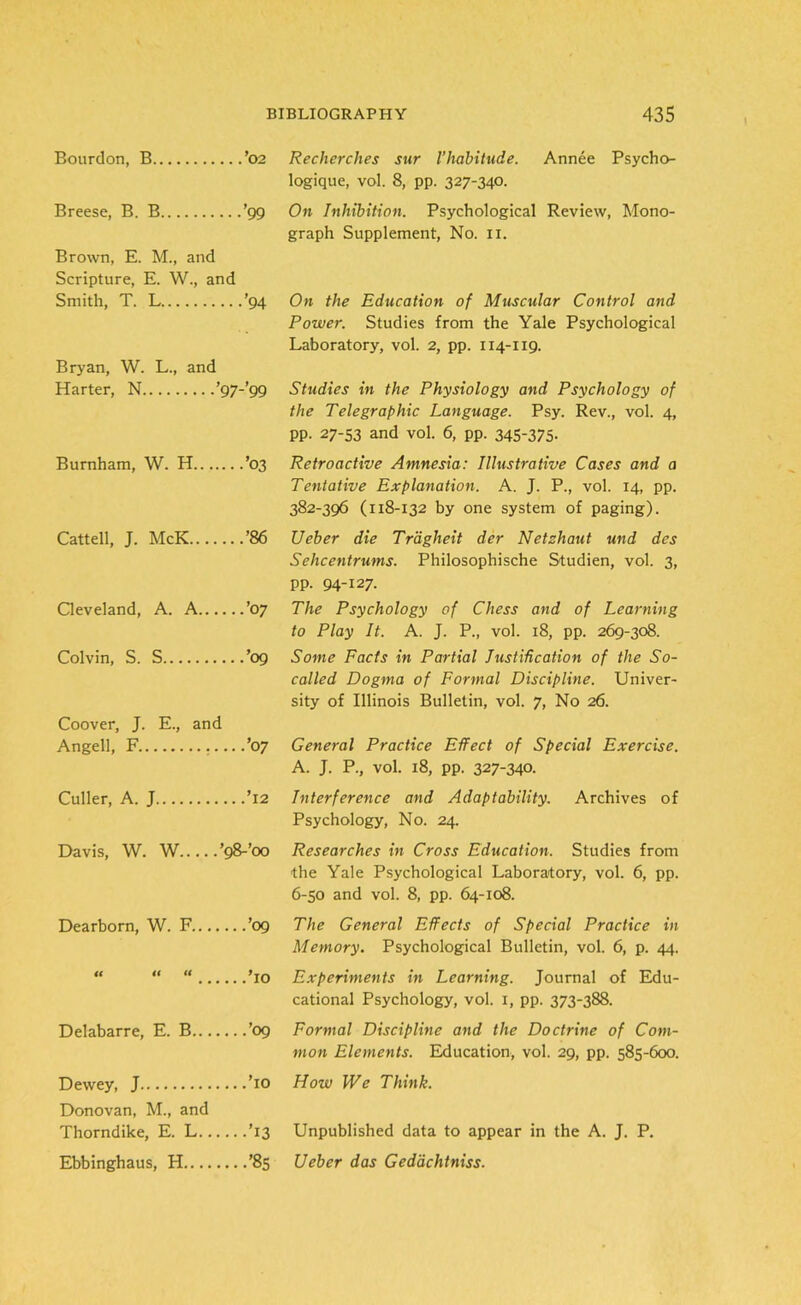 Bourdon, B ’02 Recherches sur l’habitude. Annee Psycho- logique, vol. 8, pp. 327-340. Breese, B. B ’99 On Inhibition. Psychological Review, Mono- graph Supplement, No. 11. Brown, E. M., and Scripture, E. W., and Smith, T. L ’94 On the Education of Muscular Control and Power. Studies from the Yale Psychological Laboratory, vol. 2, pp. 114-119. Bryan, W. L., and Harter, N ’97-99 Studies in the Physiology and Psychology of the Telegraphic Language. Psy. Rev., vol. 4, pp. 27-53 and vol. 6, pp. 345-375- Burnham, W. H ’03 Retroactive Amnesia: Illustrative Cases and a Tentative Explanation. A. J. P., vol. 14, pp. 382-396 (118-132 by one system of paging). Cattell, J. McK ’86 Ueber die Trdgheit der Netzhaut und des Sehcentrums. Philosophische Studien, vol. 3, pp. 94-127. Cleveland, A. A ’07 The Psychology of Chess and of Learning to Play It. A. J. P., vol. 18, pp. 269-308. Colvin, S. S ’09 Some Facts in Partial Iustihcation of the So- called Dogma of Formal Discipline. Univer- sity of Illinois Bulletin, vol. 7, No 26. Coover, J. E., and Angell, F .....’07 General Practice Effect of Special Exercise. A. J. P., vol. 18, pp. 327-340. Culler, A. J ’12 Interference and Adaptability. Archives of Psychology, No. 24. Davis, W. W ’98-’00 Researches in Cross Education. Studies from the Yale Psychological Laboratory, vol. 6, pp. 6-50 and vol. 8, pp. 64-108. Dearborn, W. F ’09 The General Effects of Special Practice in Memory. Psychological Bulletin, vol. 6, p. 44. “ “ “ ’10 Experiments in Learning. Journal of Edu- cational Psychology, vol. 1, pp. 373-388. Delabarre, E. B ’09 Formal Discipline and the Doctrine of Com- mon Elements. Education, vol. 29, pp. 585-600. Dewey, J ’10 How We Think. Donovan, M., and Thorndike, E. L ’13 Unpublished data to appear in the A. J. P. Ebbinghaus, H ’85 Ueber das Gedachtniss.