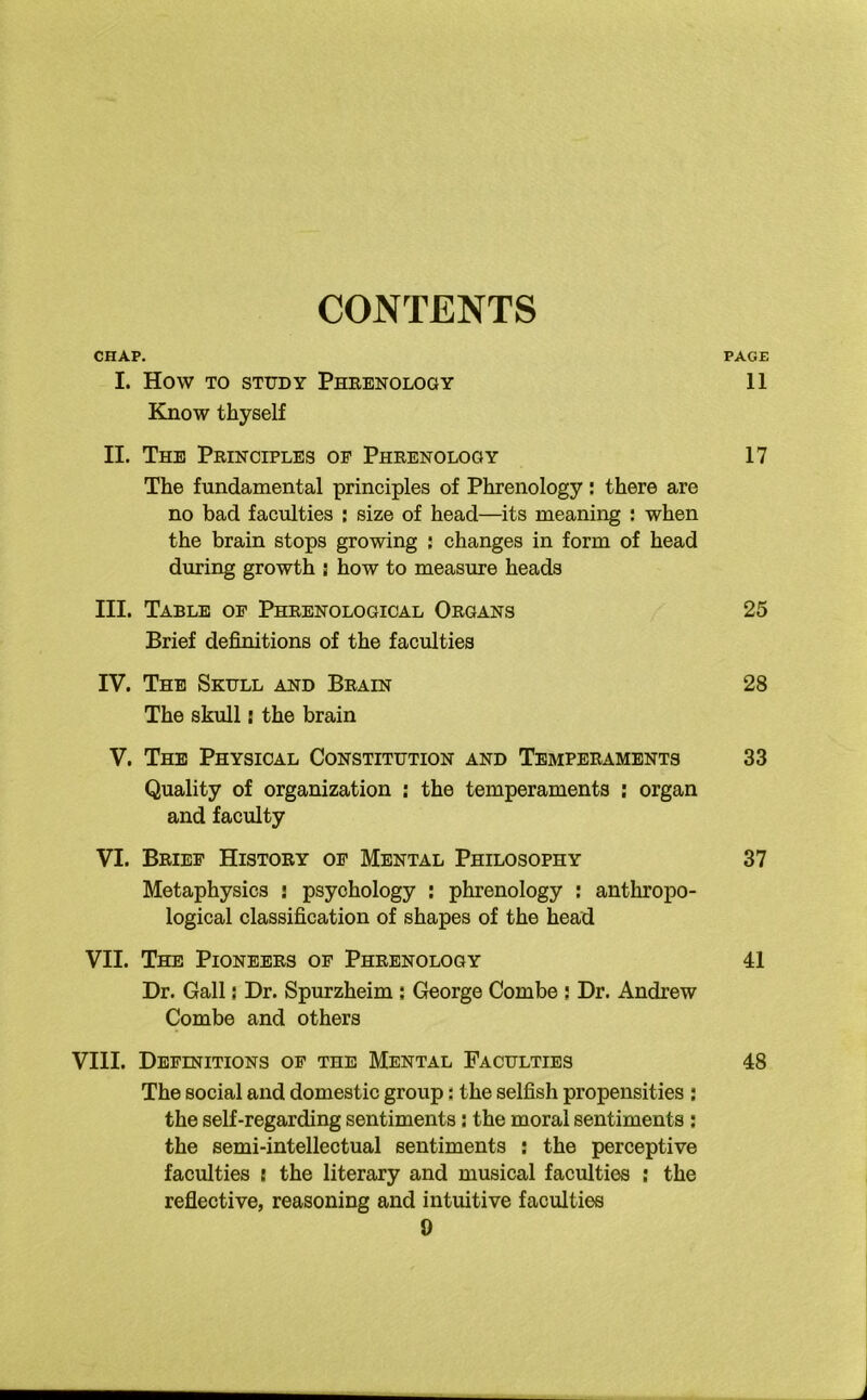 CONTENTS CHAP. PAGE I. How to study Phrenology 11 Know thyself II. The Principles op Phrenology 17 The fundamental principles of Phrenology: there are no bad faculties : size of head—its meaning : when the brain stops growing • changes in form of head during growth : how to measure heads III. Table op Phrenological Organs 25 Brief definitions of the faculties IV. The Skull and Brain 28 The skull j the brain V. The Physical Constitution and Temperaments 33 Quality of organization : the temperaments : organ and faculty VI. Brief History of Mental Philosophy 37 Metaphysics j psychology : phrenology : anthropo- logical classification of shapes of the head VII. The Pioneers op Phrenology 41 Dr. Gall; Dr. Spurzheim ; George Combe ; Dr. Andrew Combe and others VIII. Definitions op the Mental Faculties 48 The social and domestic group: the selfish propensities : the self-regarding sentiments: the moral sentiments : the semi-intellectual sentiments : the perceptive faculties : the literary and musical faculties : the reflective, reasoning and intuitive faculties