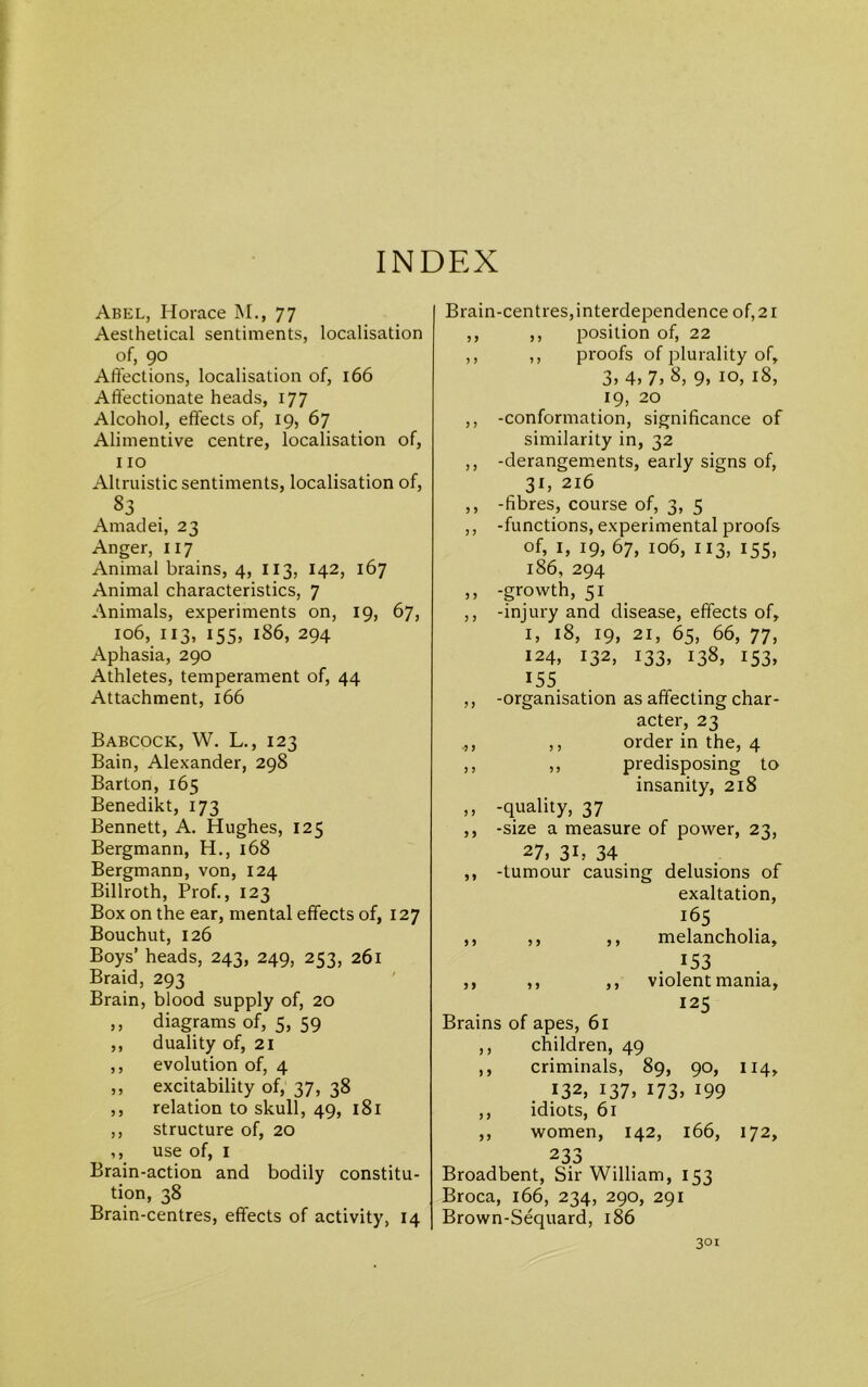 Abel, Horace M., 77 Aesthetical sentiments, localisation of, 90 Affections, localisation of, 166 Affectionate heads, 177 Alcohol, effects of, 19, 67 Alimentive centre, localisation of, 110 Altruistic sentiments, localisation of, 8 3 Amadei, 23 Anger, 117 Animal brains, 4, 113, 142, 167 Animal characteristics, 7 Animals, experiments on, 19, 67, 106, 113, 155, 186, 294 Aphasia, 290 Athletes, temperament of, 44 Attachment, 166 Babcock, W. L., 123 Bain, Alexander, 298 Barton, 165 Benedikt, 173 Bennett, A. Hughes, 125 Bergmann, H., 168 Bergmann, von, 124 Billroth, Prof., 123 Box on the ear, mental effects of, 127 Bouchut, 126 Boys’ heads, 243, 249, 253, 261 Braid, 293 Brain, blood supply of, 20 ,, diagrams of, 5, 59 ,, duality of, 21 ,, evolution of, 4 ,, excitability of, 37, 38 ,, relation to skull, 49, 181 ,, structure of, 20 ,, use of, 1 Brain-action and bodily constitu- tion, 38 Brain-centres, effects of activity, 14 Brain-centres,interdependence of, 21 ,, ,, position of, 22 ,, ,, proofs of plurality of, 3, 4, 7, 8, 9, 10, 18, 19, 20 ,, -conformation, significance of similarity in, 32 ,, -derangements, early signs of, 31, 216 ,, -fibres, course of, 3, 5 ,, -functions, experimental proofs of, 1, 19, 67, 106, 113, 155, 186, 294 ,, -growth, 51 ,, -injury and disease, effects of, 1, 18, 19, 21, 65, 66, 77, 124, 132, 133, 138, 153, 155 ,, -organisation as affecting char- acter, 23 .,, ,, order in the, 4 ,, ,, predisposing to insanity, 218 ,, -quality, 37 ,, -size a measure of power, 23, 27, 3i, 34 ,, -tumour causing delusions of exaltation, 165 ,, ,, ,, melancholia, J53 ,, ,, ,, violent mania, I25 Brains of apes, 61 ,, children, 49 ,, criminals, 89, 90, 114, 132, 137> I73> 199 ,, idiots, 61 ,, women, 142, 166, 172, 233 Broadbent, Sir William, 153 Broca, 166, 234, 290, 291 Brown-Sequard, 186