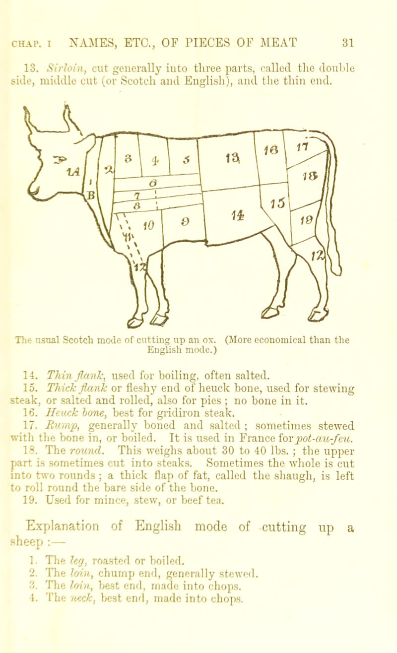 13. Sirloin, cut generally into three parte, called the douhle side, middle cut (or Scotch and English), and the thin end. Tlie nsual Scotch mode of cutting up an ox. (More economical than tlie English mode.) 14. Thin flanl:, used for boiling, often salted. 15. Thick flank or fleshy end of heuck bone, used for stewing steak, or .salted and rolled, also for pies ; no bone in it. 16. Heuck hone, best for giidiron steak. 17. Rurnp, generally boned and salted ; sometimes stewed with the bone in, or boiled. It is used in France iovjJot-au-feu. 18. The round. This weighs about 30 to 40 lbs. ; the upper part is sometimes cut into steaks. Sometimes the whole is cut into two rounds ; a thick flap of fat, called the shaugh, is left to roll round the bare side of the hone. 19. Used for mince, stew, or beef tea. Explanation of Engli.sli mode of cutting up a sheep :—• 1. The leg, roasted or boiled. 2. 'ITie loin, chump end, generally stewed. 3. '^Tlie loin, best end, made into chops.