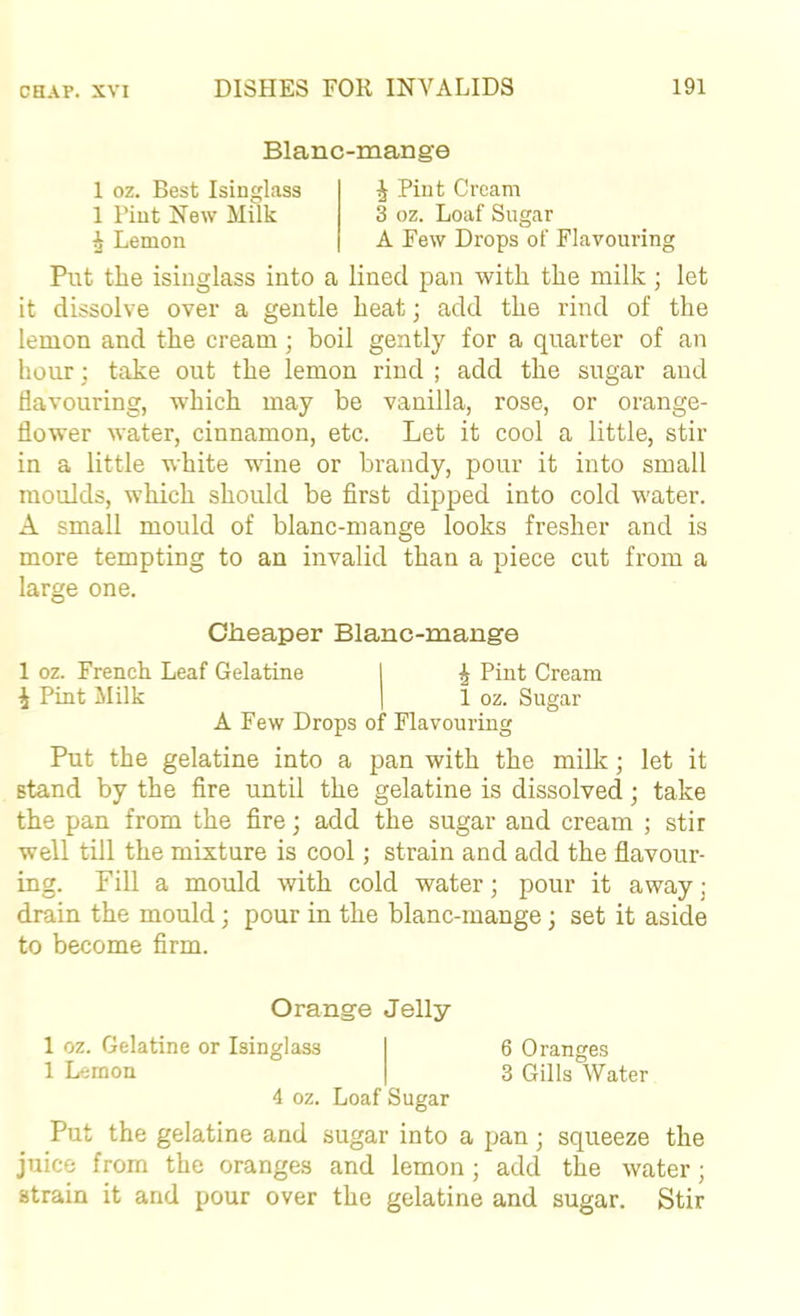 Blanc-mange 1 oz. Best Isinglass 1 Pint New Milk ^ Lemon ^ Pint Cream 3 oz. Loaf Sugar A Few Drops of Flavouring Put the isinglass into a lined pan with the milk; let it dissolve over a gentle heat; add the rind of the lemon and the cream; boil gently for a quarter of an hour; take out the lemon rind ; add the sugar and flavouring, which may be vanilla, rose, or orange- flower water, cinnamon, etc. Let it cool a little, stir in a little white wine or brandy, pour it into small moulds, which should be first dipped into cold water. A small mould of blanc-mange looks fresher and is more tempting to an invalid than a piece cut from a large one. Cheaper Blanc-mange 1 oz. French Leaf Gelatine ^ Pint Cream ^ Pint Milk 1 oz. Sugar A Few Drops of Flavouring Put the gelatine into a pan with the milk; let it stand by the fire until the gelatine is dissolved; take the pan from the fire; add the sugar and cream ; stir well till the mixture is cool; strain and add the flavour- ing. Fill a mould with cold water; pour it away ; drain the mould; pour in the blanc-mange; set it aside to become firm. Orange Jelly 1 oz. Gelatine or Isinglass 6 Oranges 1 Lemon 3 Gills Water 4 oz. Loaf Sugar Put the gelatine and sugar into a pan; squeeze the juice from the oranges and lemon; add the water; strain it and pour over the gelatine and sugar. Stir