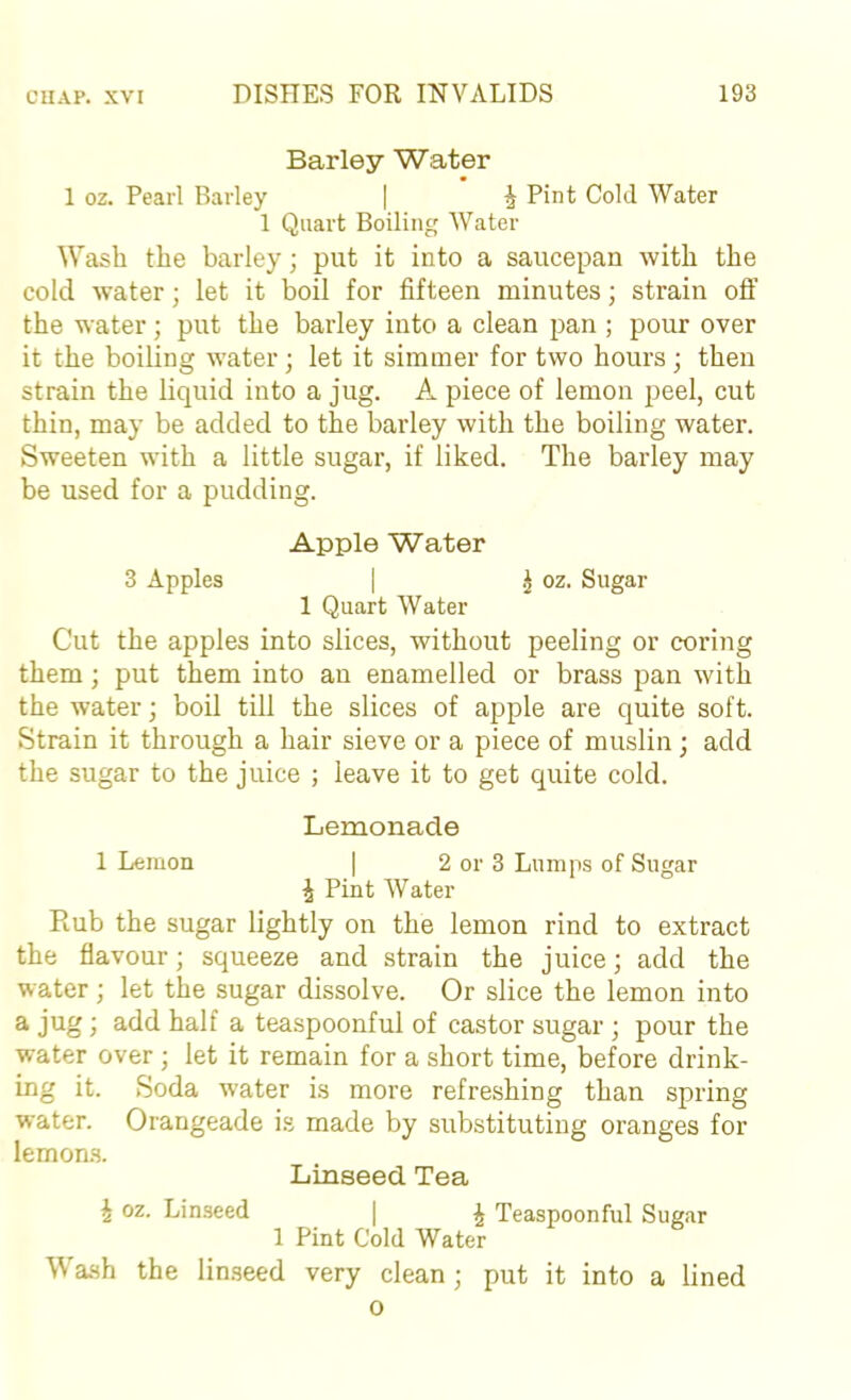 Barley Water 1 oz. Pearl Barley | ^ Pint Cold Water 1 Quart Boiling Water Wash the barley; put it into a saucepan with the cold water; let it boil for fifteen minutes; strain off the water; put the barley into a clean pan ; pour over it the boiling water; let it simmer for two hours; then strain the liquid into a jug. A piece of lemon peel, cut thin, may be added to the barley with the boiling water. Sweeten with a little sugar, if liked. The barley may be used for a pudding. Apple Water 3 Apples I ^ oz. Sugar 1 Quart Water Cut the apples into slices, without peeling or coring them; put them into an enamelled or brass pan with the water; boil till the slices of apple are quite soft. Strain it through a hair sieve or a piece of muslin ; add the sugar to the juice ; leave it to get quite cold. Lemonade 1 Lemon | 2 or 3 Lumps of Sugar i Pint Water Rub the sugar lightly on the lemon rind to extract the flavour; squeeze and strain the juice; add the water; let the sugar dissolve. Or slice the lemon into a jug; add half a teaspoonful of castor sugar ; pour the water over ; let it remain for a short time, before drink- ing it. Soda water is more refreshing than spring water. Orangeade i.s made by substituting oranges for lemon.s. Linseed Tea i oz. Linseed | ^ Teaspoonful Sugar 1 Pint Cold Water Wash the linseed very clean; put it into a lined 0