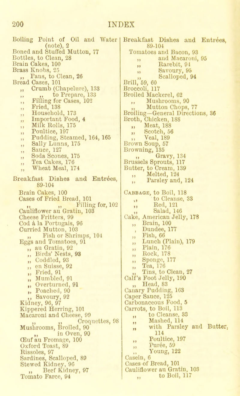 Boiling Point of Oil and Water (note), 2 Boned and Stuffed Mutton, 77 Bottles, to Clean, 28 Brain Cakes, 100 Brass Knolis, 25 ,, Fans, to Clean, 26 Bread Cases, 101 ,, Crumb (Chapelure), 133 ,, ,, to Prepare, 133 ,, Filling for Cases, 102 ,, Fried, 138 ,, Household, 173 ,, Important Food, 4 „ Milk Rolls, 175 ,, Poultice, 197 ,, Pudding, Steamed, 164, 165 ,, Sally Lunns, 175 ,, Sauce, 127 „ Soda Scones, 175 ,, Tea Cakes, 176 ,, Wheat Meal, 174 Breakfast Dishes and Entrees, 89-104 Brain Cakes, 100 Cases of Fried Bread, 101 ,, ,, Filling for, 102 Cauliflower au Gratiii, 103 Cheese Fritters, 99 Cod k la Portugais, 96 Curried Mutton, 103 „ Fish or Shrimps, 104 Eggs and Tomatoes, 91 ,, au Gratin, 92 ,, Birds’ Nests, 93 „ Coddled, 93 ,, en Suisse, 92 ,, Fried, 91 „ Mumbled, 91 „ Overturned, 91 ,, Poached, 90 ,, Savoury, 92 Kidney, 96, 97 Kippered Herring, 101 Macaroni and Cheese, 99 ,, ,, Croquettes, 98 Mushrooms, Broiled, 90 ,, in Oven, 90 OHuf au Fromage, 100 Oxford Toast, 89 Rissoles, 97 Sardines, Scalloped, 89 Stewed Kidney, 90 ,, Beef Kidney, 97 Tomato Farce, 94 Breakfast Dishes and Entrees, 89-104 Tomatoes and Bacon, 93 ,, and Macaroni, 95 ,, Rarebit, 94 „ Savoury, 95 ,, Scalloped, 94 Brill, 59, 60 Broccoli, 117 Broiled Mackerel, 62 ,, Mushrooms, 90 ,, Mutton Chops, 77 Broiling—General Directions, 36 Broth, Chicken, 188 ,, Meat, 188 „ Scotch, 56 ,, Veal, 189 Brown Soup, 57 Browning, 135 ,, Gravy, 134 Brussels Sprouts, 117 Butter, to Cream, 139 ,, Melted, 124 ,, Parsley and, 124 Cabbage, to Boil, 118 ,, to Cleanse, 33 ,, Red, 121 ,, Salad, 146 Cake, American Jelly, 178 ,, Brain, 100 , Dundee, 177 ,, Fish, 66 ,, Lunch (Plain), 179 ,, Plain, 176 ,, Rock, 178 ,, Sponge, 177 „ Tea, 176 „ Tins, to Clean, 27 Calf's Foot Jelly, 190 „ Head, 83 Canary Pudding, 163 Caper Sauce, 125 Carbonaceous Pood, 5 Carrots, to Boil, 113 „ to Cleanse, 33 ,, Mashed, 114 „ with Parsley and Butter, 114 ,, Poultice, 197 ,, Pur4e, 59 ,, Young, 122 Casein, 6 Cases of Bread, 101 Cauliflower au Gratin, 103 ,, to Boil, 117