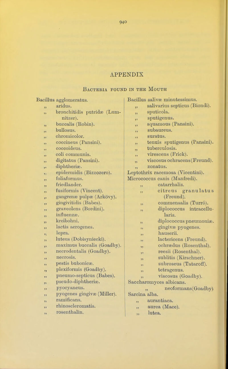APPENDIX Bacteria found in the Mouth agglomeratus. Bacillus salivae minutessimus. aridus. ,, salivarius septicus (Biondi). bronchitidis putridae (Lum- „ sputicola. nitzer). ,, sputigenus. buccalis (Robin). ,, squamous (Pansini). bullosus. ,, subaureus. chromicolor. ,, suratus. coccineus (Pansini). „ tenuis sputigenus (Pansini). coccoideus. ,, tuberculosis. coli communis. ,, virescens (Frick). digifcatus (Pansini). „ viscosus ochracens(Freund). diphtherias. ,, zonatus. epidermidis (Bizzozero). Leptothrix racemosa (Vicentini). foliaformus. Micrococcus canis (Manfredi). friedlander. ,, catarrhalis. fusiformis (Vincent). ,, citreus granulatus gangrenae pulpae (Arkovy). (Freund). gingivitidis (Babes). ,, commensalis (Turro). graveolens (Bordini). „ diplococcus intracellu- influenzas. laris. kreibohni. „ diplococcus pneumoniae. lactis aerogenes. „ gingivae pyogenes. lepra. hauserii. luteus (Dobisyniecki). ,, lactericens (Freund). maximus buccalis (Goadby). ,, ochraedus (Rosenthal). necrodentalis (Goadby). ,, reesii (Rosenthal). necrosis. ,, sublitis (Kirschner). pestis bubonicae. „ subroseus (Tataroff). plexiformis (Goadby). ,, tetragenus. pneumo-septicus (Babes). „ viscosus (Goadby). pseudo-diphtherias. Saccharomyces albicans. pyocyaneus. „ neoformans(Goadby) pyogenes gingivae (Miller). Sarcina alba. ramificans. „ aurantiaca. rhinoscleromatis. „ aurea (Mace). rosenthalin. lutea.