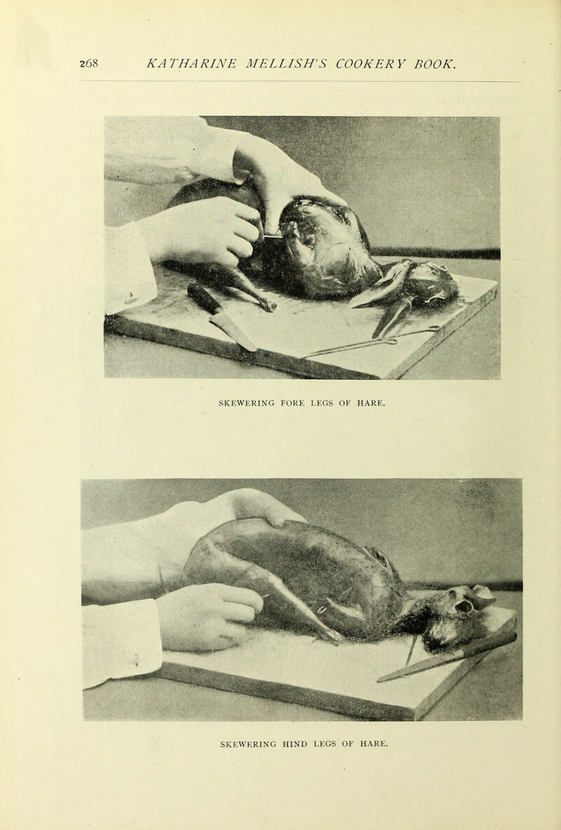 SKEWERING FORE LEGS OF HARE. SKEWERING HIND LEGS OF HARE.