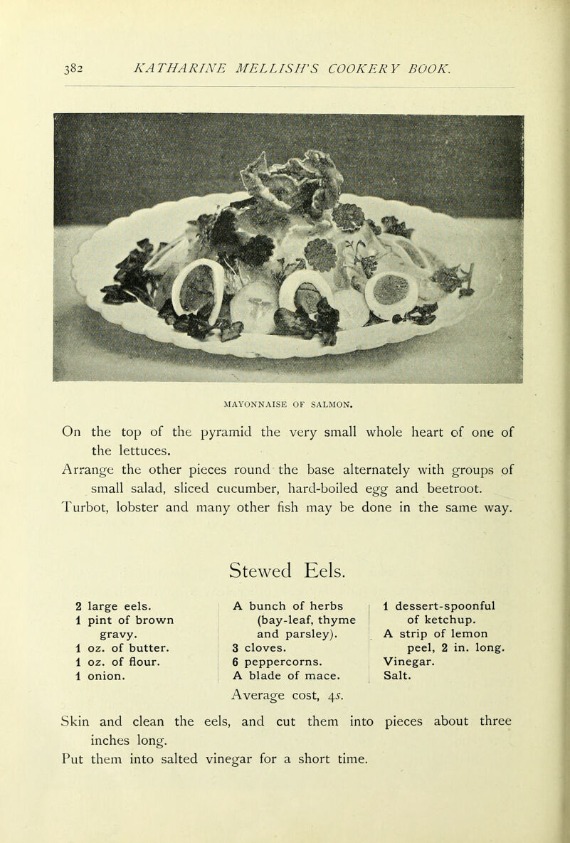 MAYONNAISE OF SALMON. On the top of the pyramid the very small whole heart of one of the lettuces. Arrange the other pieces round the base alternately with groups of small salad, sliced cucumber, hard-boiled egg and beetroot. Turbot, lobster and many other fish may be done in the same way. Stewed Eels. 2 large eels. 1 pint of brown gravy. 1 oz. of butter. 1 oz. of flour. 1 onion. A bunch of herbs (bay-leaf, thyme and parsley). 3 cloves. 6 peppercorns. A blade of mace. Average cost, 45. 1 dessert-spoonful of ketchup. A strip of lemon peel, 2 in. long. Vinegar. Salt. Skin and clean the eels, and cut them into pieces about three inches long. Put them into salted vinegar for a short time.