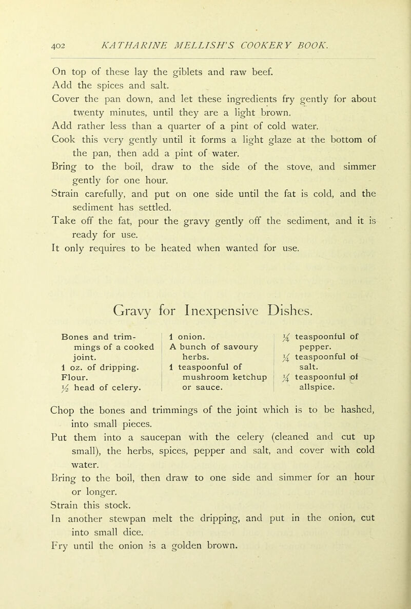On top of these lay the giblets and raw beef. Add the spices and salt. Cover the pan down, and let these ingredients fry gently for about twenty minutes, until they are a light brown. Add rather less than a quarter of a pint of cold water. Cook this very gently until it forms a light glaze at the bottom of the pan, then add a pint of water. Bring to the boil, draw to the side of the stove, and simmer gently for one hour. Strain carefully, and put on one side until the fat is cold, and the sediment has settled. Take off the fat, pour the gravy gently off the sediment, and it is ready for use. It only requires to be heated when wanted for use. Gravy for Inexpensive Dishes. Bones and trim- 1 onion. A teaspoonful of mings of a cooked A bunch of savoury pepper. joint. herbs. { teaspoonful of 1 oz. of dripping. 1 teaspoonful of salt. Flour. mushroom ketchup A teaspoonful of ^ head of celery. or sauce. allspice. Chop the bones and trimmings of the joint which is to be hashed, into small pieces. Put them into a saucepan with the celery (cleaned and cut up small), the herbs, spices, pepper and salt, and cover with cold water. Bring to the boil, then draw to one side and simmer for an hour or longer. O Strain this stock. In another stewpan melt the dripping, and put in the onion, cut into small dice. Fry until the onion is a golden brown.