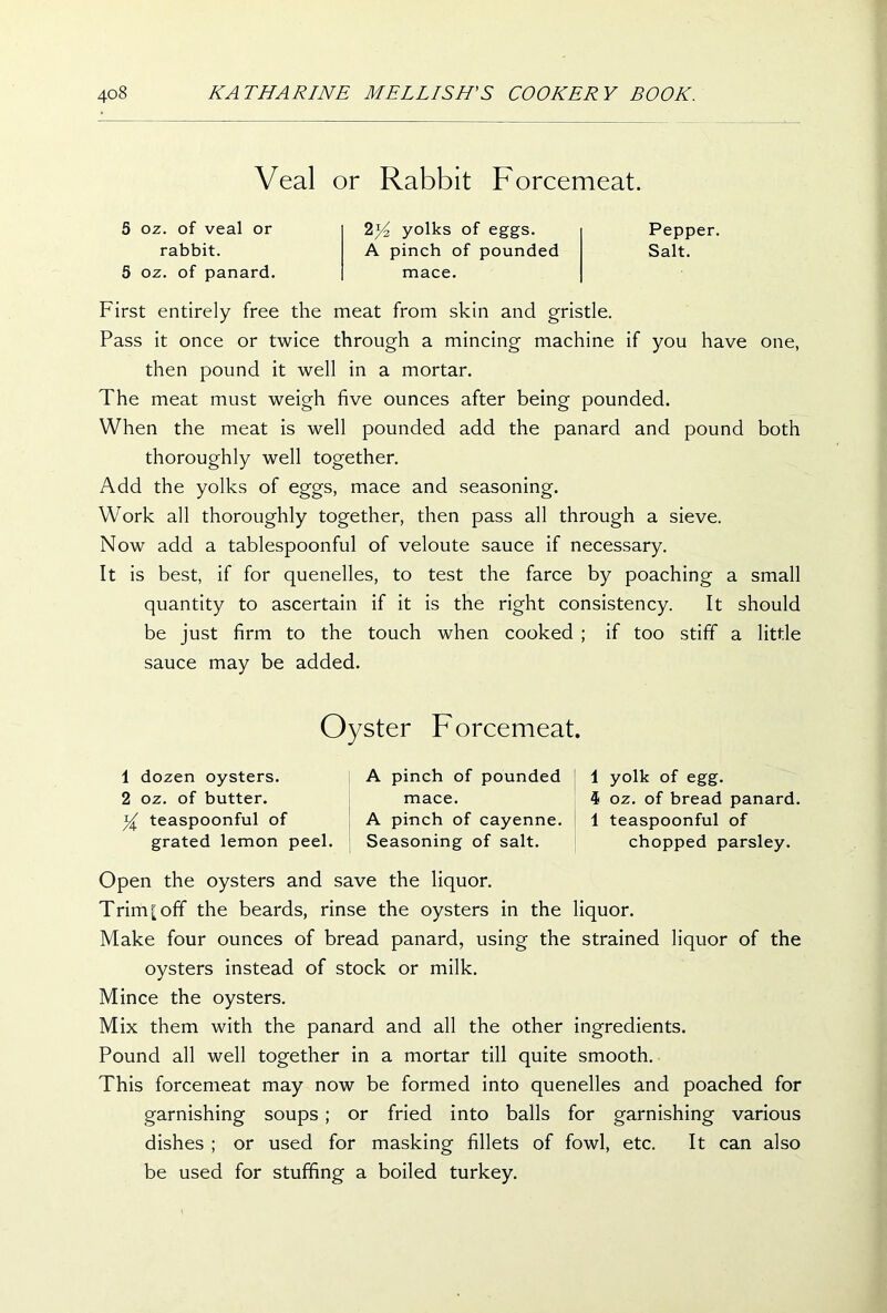 Veal or Rabbit Forcemeat. 5 oz. of veal or rabbit. 5 oz. of panard. 2y yolks of eggs. Pepper. A pinch of pounded Salt, mace. First entirely free the meat from skin and gristle. Pass it once or twice through a mincing machine if you have one, then pound it well in a mortar. The meat must weigh five ounces after being pounded. When the meat is well pounded add the panard and pound both thoroughly well together. Add the yolks of eggs, mace and seasoning. Work all thoroughly together, then pass all through a sieve. Now add a tablespoonful of veloute sauce if necessary. It is best, if for quenelles, to test the farce by poaching a small quantity to ascertain if it is the right consistency. It should be just firm to the touch when cooked ; if too stiff a little sauce may be added. Oyster Forcemeat. 1 dozen oysters. 2 oz. of butter. y teaspoonful of grated lemon peel. A pinch of pounded mace. A pinch of cayenne. Seasoning of salt. 1 yolk of egg. 4 oz. of bread panard. 1 teaspoonful of chopped parsley. Open the oysters and save the liquor. Trim [off the beards, rinse the oysters in the liquor. Make four ounces of bread panard, using the strained liquor of the oysters instead of stock or milk. Mince the oysters. Mix them with the panard and all the other ingredients. Pound all well together in a mortar till quite smooth. This forcemeat may now be formed into quenelles and poached for garnishing soups; or fried into balls for garnishing various dishes ; or used for masking fillets of fowl, etc. It can also be used for stuffing a boiled turkey.