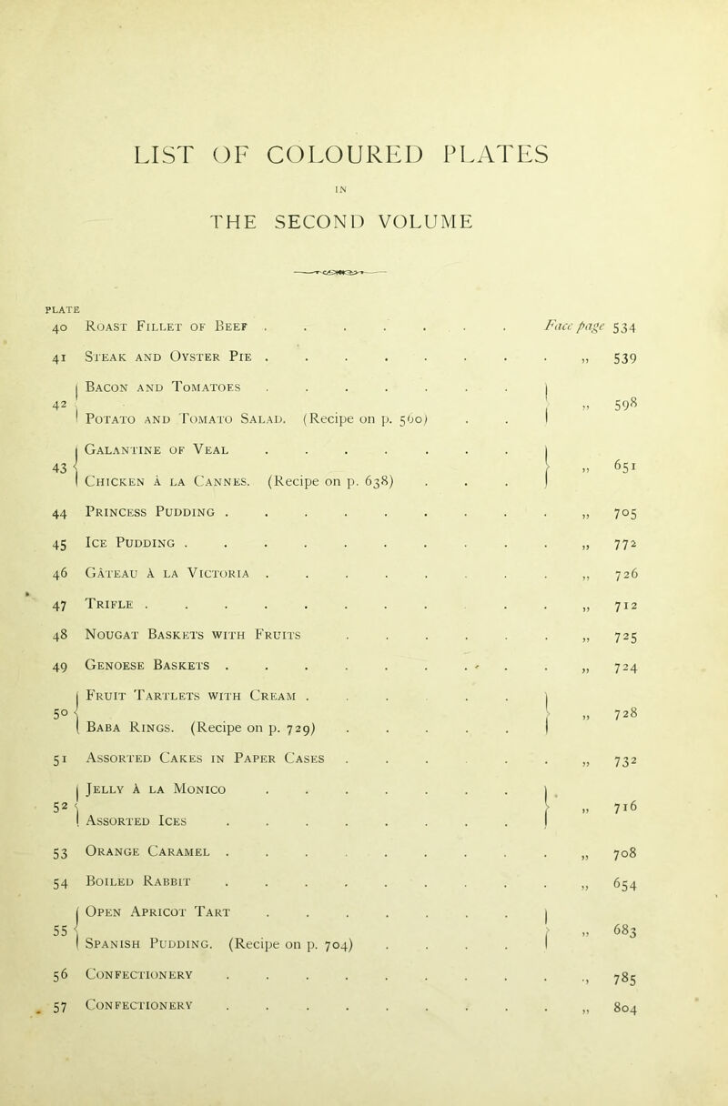 PLATE 40 41 44 45 46 47 48 49 -I 5i 521 53 54 55 I 56 LIST OF COLOURED PLATES IN THE SECOND VOLUME Roast Fillet of Beef .... Face page 534 Steak and Oyster Pie .... J J 539 Bacon and Tomatoes .... ) \ 1 59« Potato and Tomato Salad. (Recipe on p. 5(jo) j Galantine of Veal .... [ JJ 65i Chicken a la Cannes. (Recipe on p. 638) 1 Princess Pudding ..... 705 Ice Pudding ...... >> 772 Gateau A la Victoria .... 726 Trifle ....... 712 Nougat Baskets with Fruits >> 725 Genoese Baskets ..... >> 724 Fruit Tartlets with Cream . l ( >> 728 Baba Rings. (Recipe on p. 729) j Assorted Cakes in Paper Cases >> 732 Jelly A la Monico .... | U 716 Assorted Ices ..... 1 Orange Caramel ..... J5 O 00 Boiled Rabbit ..... >> 654 Open Apricot Tart .... ) > J 683 Spanish Pudding. (Recipe on p. 704) f Confectionery ..... *> 785 Confectionery ..... >> 804 . 57
