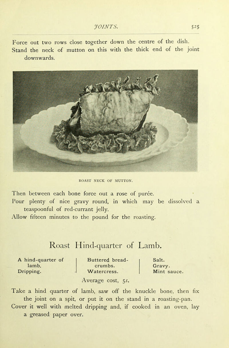 Force out two rows close together down the centre of the dish. Stand the neck of mutton on this with the thick end of the joint downwards. ROAST NECK OF MUTTON. Then between each bone force out a rose of puree. Pour plenty of nice gravy round, in which may be dissolved a teaspoonful of red-currant jelly. Allow fifteen minutes to the pound for the roasting. Roast Hind-quarter of Lamb. A hind-quarter of Buttered bread- Salt. lamb. crumbs. Gravy. Dripping. Watercress. Mint sauce. Average cost, 55. Take a hind quarter of lamb, saw off the knuckle bone, then fix the joint on a spit, or put it on the stand in a roasting-pan. Cover it well with melted dripping and, if cooked in an oven, lay a greased paper over.