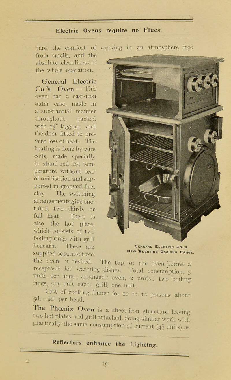 Electric Ovens require no Flues. ture, the comfort of from smells, and the absolute cleanliness of the whole operation. General Electric Co.’s Oven — This oven has a cast-iron outer case, made in a substantial manner throughout, packed with iV lagging, and the door htted to pre- vent loss of heat. The heating is done by wire coils, made specially to stand red hot tem- perature without fear of oxidisation and sup- ported in grooved fire- clay. The switching arrangements give one- third, two - thirds, or full heat. There is also the hot plate, which consists of two boiling rings with grill working in an atmosphere free beneath. These are general electric co.'s supplied separate from ’electric: cooking range. the oven if desired. The top of the oven [forms a receptacle for warming dishes. Total consumption, 5 units per hour; arranged; oN-en, 2 units; two boiling lings, one unit each; grill, one unit. Cost of cooking dinner for 10 to 12 persons about 5d. =kl. per head. riie Phoenix Oven is a sheet-iron structure having two hot plates and grill attached, doing similar work witii piactically the same consumption of current (4J units) as Reflectors enhance the Lighting. D