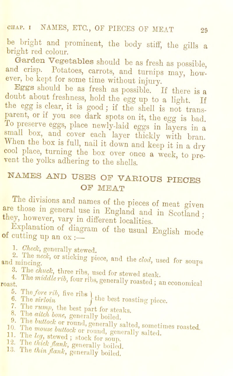 be bright ancl prominent, the body stiff, the gills a bright red colour. Garden Vegetables should be as fresh as possible, and crisp. Potatoes, carrots, and turnips may, how- ever, be kept for some time without injury. Eggs should be as fresh as possible. If there is a doubt about freshness, hold the egg up to a lio-ht If the egg is clear, it is good; if the shell is no°t trans- parent, or if you see dark spots on it, the egg is bad. To preserve eggs, place newly-laid eggs in layers in a smaH box and cover each layer thickly with bran. When the box is full, nail it down and keep it in a dry cool place, turning the box over once a week, to pre- vent the yolks adhering to the shells. NAMES AND USES OF VARIOUS PIECES OP MEAT The divisions and names of the pieces of meat given are those in general use in England 1 ■ ~ - and in Scotland ; they, however, vary in differentlocalities. Explanation of diagram of the usual English mode of cutting up an ox 6 1. Check, generally stewed. anin cingf^’ °r pieCe’ and tlle dod’ used for soups 3. The chuclc three ribs, used for stewed steak. middle rib, four ribs, generally roasted; an economical The fore rib, five ribs 1 The sirloin } the best roasting jiiece. The rump the best part for steaks, the aitch bone, generally boiled. ir 1 o’ rpj lcg: stewed ; stock for soup. i“' le Mnk, generally boiled. '' the thin flank, generally boiled. 4. roast. 5. 6. 7. 8.