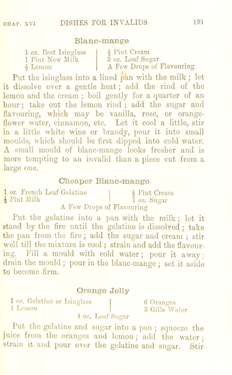 Blanc-mange 1 oz. Best Isinglass 1 Pint New Milk \ Lemon \ Pint Cream 3 oz. Loaf Sugar A Few Drops of Flavouring Put the isinglass into a lined pan -with the milk ; let it dissolve over a gentle heat; add the rind of the lemon and the cream; boil gently for a quarter of an hour; take out the lemon rind ; add the sugar and flavouring, which may be vanilla, rose, or orange- flower water, cinnamon, etc. Let it cool a little, stir in a little white wine or brandy, pour it into small moulds, which should be first dipped into cold water. A small mould of blanc-mange looks fresher and is more tempting to an invalid than a piece cut from a large one. Cheaper Blanc-mange 1 oz. French Leaf Gelatine I J Pint Cream i Pint Milk | 1 oz. Sugar A Few Drops of Flavouring Put the gelatine into a pan with the milk; let it stand by the fire until the gelatine is dissolved ; take the pan from the fire; add the sugar and cream ; stir well till the mixture is cool; strain and add the flavour- ing. Fill a mould with cold water; pour it away : drain the mould; pour in the blanc-mange ; set it aside to become firm. Orange Jelly 1 oz. Gelatine or Isinglass I 6 Oranges 1 Lemon | 3 Gills'Vatcr 4 oz. Loaf Sugar Put the gelatine and sugar into a pan ; squeeze the juice from the oranges and lemon; add tho water; strain it and pour over tho gelatine and sugar. Stir