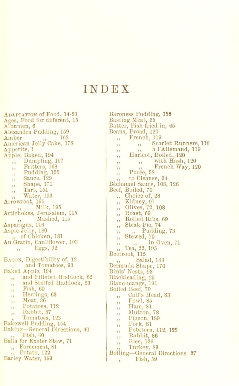 INDEX Adaptation of Food, 14-23 Ages, Food for different, 15 Albumen, 6 Alexandra Pudding, 159 Amber „ 162 American Jelly Cake, ITS Appetite, 1 Apple, Baked, 194 ,, Dumpling, 157 ,, Fritters, 16S ,, Pudding, 155 ,, Sauce, 129 ,, Shape, 171 „ Tart, 151 ,, Water, 193 Arrowroot, 195 „ Milk, 195 Artichokes, Jerusalem, 115 ,, Mashed, 115 Asparagus, 116 Aspic Jelly, 180 ,, of Chicken, 181 Au Gratin, Cauliflower, 193 „ Eggs, 92 Bacon, Digestibility of, 12 ,, and Tomatoes, 93 Baked Apple, 194 ,, and Filleted Haddock, 62 ,, and Stuffed Haddock, 63 ,, Fish, 60 „ Herrings, 63 ,, Meat, 36 ,, Potatoes, 112 ,, Rabbit, 87 „ Tomatoes, 123 Bakewell Pudding, 154 Baking—General Directions, 40 ,, Fish, 60 Balls for Exeter Stew, 71 „ Forcemeat, 81 ,, Potato, 122 Barley Water, 193 Baroness Pudding, 158 Basting Meat, 35 Batter, Fish fried in, 65 Beans, Broad, 120 ,, French, 119 „ ,, Scarlet Runners, 119 ,, ,, A l'Allemand, 119 ,, Haricot, Boiled, 120 ,, ,, with Hash, 120 ,, „ French Way, 120 ,, Puree, 58 ,, to Cleanse, 34 Bechamel Sauce, 108, 126 Beef, Boiled, 70 ,, Choice of, 28 ,, Kidney, 97 ,, Olives, 72, 108 ,, Roast, 69 ,, Rolled Ribs, 69 ,, Steak Pie, 74 „ ,, Pudding, 73 ,, Stewed, 70 „ ,, in Oven, 71 „ Tea, 22, 195 Beetroot, 115 ,, Salad, 143 Bermuda Shape, 170 Birds’ Nests, 93 Black leading, 25 Blanc-mange, 191 Boiled Beef, 70 ,, Calf’s Head, 83 ,, Fowl, 85 ,, Ham, 81 ,, Mutton, 78 ,, Pigeon, 189 ,, Pork, 81 ,, Potatoes, 112, 122 ,, Rabbit, 86 „ Rice, 139 ,, Turkey, 89 Boiling—General Directions 37 , Fish, 59