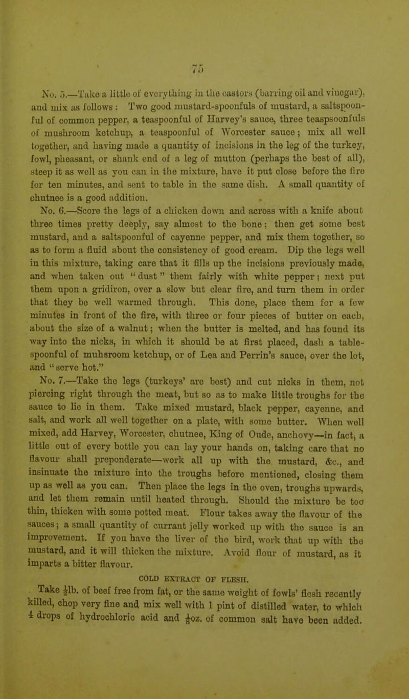 No. o.—Take a little oi' everything in the castors (barring oil and vinegar), and mix as follows: Two good mustard-spoonfuls of mustard, a saltspoon- ful of common pepper, a teaspoonful of Harvey’s sauce, three teaspsoonfuls of mushroom ketchup, a teaspoonful of Worcester sauce; mix all well together, and having made a quantity of incisions in the log of the turkey, fowl, phoiisant, or shank end of a leg of mutton (perhaps the best of all), steep it as well as you can in the mixture, have it put close boforc the lire for ten minutes, and sent to table in the same dish. A small quantity’ of chutneo is a good addition. No. G.—Score the legs of a chicken down and across with a knife about threo times pretty deeply, say almost to the bone; then got some best mustard, and a saltspoonful of cayenne pepper, and mix them together, so as to form a fluid about the consistency of good cream. Dip the legs well in this mixture, taking care that it fills up the incisions previously made, and when taken out “ dust ” them fairly with white pepper; next put them upon a gridiron, over a slow but clear fire, and turn them in order that they bo well warmed through. This done, place them for a few minutes in front of the fire, with three or four pieces of butter on oach, about the size of a walnut; when the butter is melted, and has found its way into the nicks, in which it should be at first placed, dash a table- spoonful of muhsroom ketchup, or of Lea and Perrin’s sauce, over the lot, and “ serve hot.” No. 7.—Take the logs (turkeys’ aro host) and cut nicks in them, not piercing right through the moat, but so as to make little troughs for tbo sauce to lie in them. Take mixed mustard, black peppor, cayenne, and salt, and work all well together on a plate, with some butter. When well mixed, add Harvey, Worcester, chutnee, King of Oude, anchovy—in fact, a littlo out of overy bottle you can lay your hands on, taking caro that no flavour shall preponderate—work all up with the mustard, &e., and insinuate the mixturo into the troughs before mentioned, closing them up as well as you can. Thon place the legs in the oven, troughs upwards, and let thorn remain until heated through. Should the mixturo be too thin, thicken with some potted moat. Flour takes away the flavour of the sauces; a small quantity of currant jolly worked up with the sauco is an improvement. If you have the liver of the bird, work that up with tho mustard, and it will thicken the mixture. Avoid flour of mustard, as it imparts a bitter flavour. COLD EXTRACT OF FLESH. Take ilb. of beef free from fat, or the same weight of fowls’ flesh recently killed, chop very fine and mix well with 1 pint of distilled water, to which d drops of hydrochloric acid and £oz. of common salt havo been added.