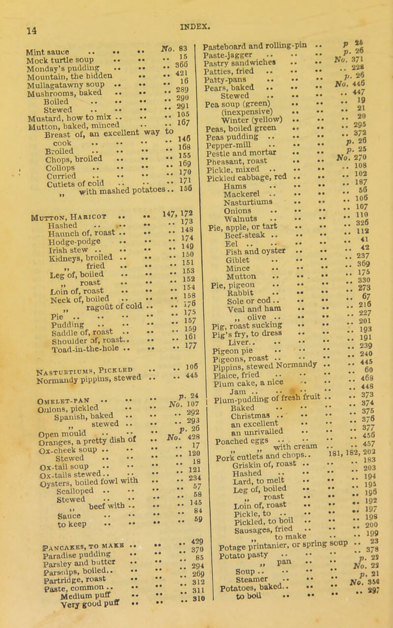 Mint sauce .. • • Mock turtle soup Monday’s pudding Mountain, the hidden Mullagatawny soup .. Mushrooms, baked Boiled .. • • Stewed .. • • Mustard, how to mix .. Mutton, baked, minced Breast of, an excellent way to cook Broiled • • • • Chops, broiled Collops Curried Cutlets of cold .. with mashed potatoes No. 83 .. 15 .. 360 .. 42l .. 16 .. 289 .. 29» .. 291 .. 105 167 146 168 155 169 170 171 156 147, 172 .. 173 Mutton, Haricot .. Hashed Haunch of, roast .. Hodge-podge Irish stew .. 1 M Kidneys, broiled .. „ fried Leg of, boiled . • „ roast Loin of, roast . • Heck of, boiled .. „ ragout of cold Pie Pudding Saddle of, roast .. Shoulder of, roast.. Toad-in-the-hole .. 148 174 150 151 153 152 154 158 176 175 157 159 161 177 Nasturtiums, Pickled Normandy pippins, stewed 106 445 Omelet-pan lUoP'ui7 Onions, pickled Spanish, baked * » „ stewed •• ;; Open mould •• ju„ 4og Oranges, a pretty dish of .. No. 4 Ox-cheek soup ' Stewed ,3 Ox-tail soup 121 Ox-tails stewed.. •• Oysters, boiled fowl with .. Scalloped Stewed •• beef with .. •• Sauce to keep 234 57 58 145 84 59 429 370 Pancakes, to make .. •• Paradise pudding Parsley and butter 9Q., Parsnips, boiled ' 2gg Partridge, roast •• •• 312 Paste, common 31l Medium puff • • ••  310 Very good puff .« •• Pasteboard and rolling-pin Paste-jagger .. Pastry sandwiches Patties, fried Patty-pans .. • • Pears, baked •• •• Stewed .. •• Pea soup (green) .. (inexpensive) .. Winter (yellow) .. Peas, boiled green .« Peaspudding .. •• Pepper-mill .. • • Pestle and mortar • • Pheasant, roast .• Pickle, mixed .. Pickled cabbage, red .. Hams Mackerel .. • • Nasturtiums Onions .. •• Walnuts .. •• Pie, apple, or tart .. Beef-steak .. Eel Fish and oyster .. Giblet Mince . • Mutton .. . Pie, pigeon Rabbit .. •• Sole or cod.. •• Veal and bam •• „ olive .. •• Pig, roast sucking Pig’s fry, to dress Liver Pigeon pie Pigeons, roast .. • • pippins, stewed Normandy Plaice, fried Plum cake, a nice Jam .. •• I ■; .. Plum-pudding of fresh fruit Baked Christmas .. an excellent an unrivalled Poached eggs . • • • ,, with cream Pork cutlets and chops.. Griskin of, roast .. Hashed Lard, to melt •• Leg of, boiled roast •• Loin of, roast Pickle, to .. Pickled, to boil .. Sausages, fried to make Potage printanier, or sprin Potato pasty „ •• Soup Steamer .. • • Potatoes, baked.. to boil •• •• p 25 p. 26 No. 371 .. 228 p. 26 No. 446 .. 447 .. 19 .. 21 .. 20 .. 295 .. 372 p. 26 p. 25 No. 270 .. 108 102 187 56 106 107 no 326 112 41 42 237 369 175 330 273 67 216 227 201 193 191 239 240 445 60 468 , 443 . 373 , 374 . 375 . 376 . 377 . 456 . 457 81, 182, 202 .. 183 .. 203 .. 194 .. 195 .. 196 .. 192 .. 197 .. 198 .. 200 .. 199 .. 23 .. 378 No. 350 .. 297 soup
