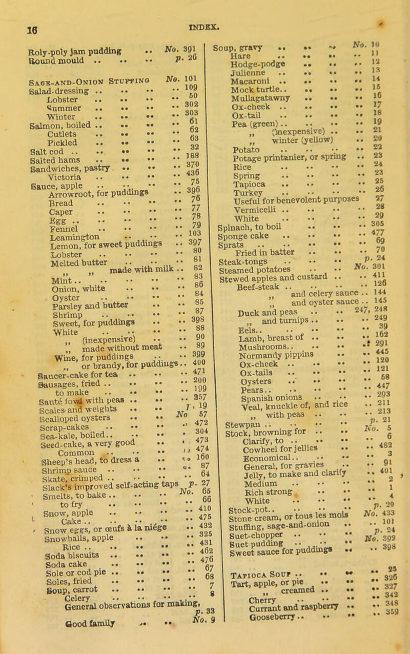 Roly-poly Jam pudding Round, mould .. No. 391 p. 2(3 No. 101 .. 109 60 302 303 61 62 63 32 188 370 Sagk-and-Onion Stuffing Salad-dressing Lobster .. •• Summer Winter Salmon, boiled .. •• • Cutlets .. •• • Pickled .. •• • Salt cod .. .. •• Salted hams Sandwiches, pastry Victoria Sauce, apple .. •• Arrowroot, for puddings Bread Caper Egg Fennel ■ • • • • * ‘ Leamington •• •• Lemon, for sweet puddings . Lobster Melted butter -- •• • „ made with mils . Mint.. _ Onion, white Oyster - - Parsley and butter • • • Shrimp ' Sweet, for puddings White „ (inexpensive) ,, made without meat Wine, for puddings or brandy, for puddings Saucer-cake for tea •• Sausages, fried to make .. •• •• Saute fowl with peas .. Scales and weights 75 396 76 77 78 79 103 . 397 . 80 . 81 . 82 . 83 . 86 . 84 . 85 . 87 . 398 . 88 . 90 . 89 . 399 . 400 .. 471 .. 200 .. 199 .. 357 r• 19 No 57 P No. 304 473 474 160 87 64 27 65 66 410 Soup, gravy .. •• Hare .. •• Hodge-podge .. Julienne .. • • Macaroni .. .. Mock turtle.. .. Mullagatawny Ox-cheek .. .. Ox-tail .. •• Pea (green).. „ (Inexpensive) „ winter (yellow Potato Potage printanier, or spring Rice Spring Tapioca Turkey Useful for benevolent purposes Vermicelli .. White Spinach, to boil • • Sponge cake .. • • Sprats Fried in batter . • Steak-tongs Steamed potatoes Stewed apples and custard Beef-steak .. and celery sauce No. lu .. H 12 13 14 16 10 17 18 19 21 20 22 23 24 23 25 26 27 28 .. 29 .. 305 .. 477 .. 69 .. 70 p. 24 No. 301 .. 411 .. 126 144 and oyster sauce .. 145 Scalloped oysters .. •• ,472 Scrap-cakes Sea-kale, boiled.. •• Seed-cake, a very good Common ,.. Sheep’s head, to dress a Shrimp sauce . - Skate, crimped .. • • Slack’s improved self-acting taps Smelts, to bake .. to fry Snow, apple Cake.. •• •• •• •• %/a Snow eggs, or ceufs k la nidge • • 432 Snowballs, apple Rice Soda biscuits g Soda cake '‘67 Sole or cod pie *• Soles, fried Soup, carrot General observations for making, p. Good family >• •• No' 9 and r Duck and peas „ and turnips . Eels.. .. • Lamb, breast of . Mushrooms.. Normandy pippins Ox-cheek .. Ox-tails Oysters Pears Spanish onions Veal, knuckle of, „ with peas .. Stewpan .. Stock, browning for .. Clarify, to . . •• Cowheel for jellies Economical.. • • General, for gravies Jelly, to make and clar Medium Rich strong White Stock-pot.. Stone cream, or tous les m Stuffing, sage-and-omon Suet-chopper .. Suet pudding .. •• Sweet sauce for puddings Tapioca Soup .. •• Tart, apple, or pie .. ,, creamed .. Cherry Currant and raspberry Gooseberry.. 247, 248 .. 249 .. 39 .. 162 .t 291 .. 445 .. 120 .. 121 .. 68 .. 447 .. 293 .. 211 .. 213 p. 21 No. 5 .. 6 .. 4S2 .. 3 .. 91 .. 401 .. 2 .. 1 .. 4 p. 20 No. 433 .. 101 p. 24 No. 392 .. 393 29 320 327 342 348 359