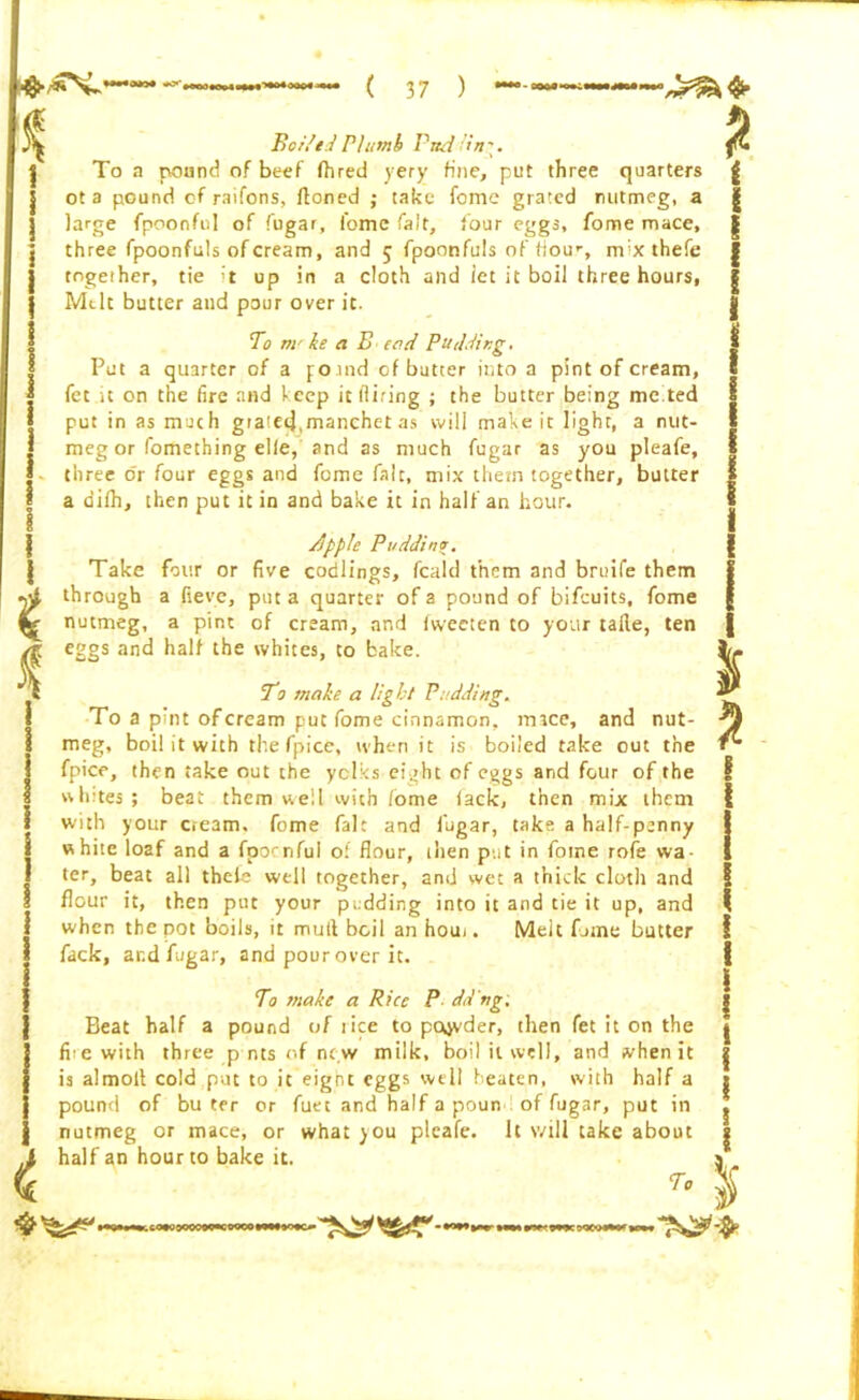 Boi/ed Plumb Pud /in'. To a pound of beef fhred yery fine, put three quarters ota pound of raifons, floned ; take fome grated nutmeg, a large fpoonfu] of fugar, lome fait, four eggs, fome mace, three fpoonfuls of cream, and 5 fpoonfuls of hour, m;x thefe together, tie 't up in a cloth and let it boil three hours, Mdt butter and pour over it. To nr ke a E ead Pudding. Put a quarter of a po ind of butter into a pint of cream, fet it on the fire and keep it Airing ; the butter being me.ted put in as much gra'etj.manehet as will make it light, a nut- meg or fomething elfe, and as much fugar as you pleafe, three dr four eggs and fome fait, mix them together, butter a a’ifh, then put it in and bake it in half an hour. Apple Puddino. Take four or five codlings, feald them and bruife them through a fieve, put a quarter of a pound of bifeuits, fome nutmeg, a pint of cream, and fvveeten to your table, ten eggs and half the whites, to bake. To make a light Pudding. To a pint of cream put fome cinnamon, mice, and nut- meg, boil it with the fpice, when it is boiled take out the fpice, then take out the yolks eight of eggs and four of the whites ; beat them well with fome lack, then mix them with your cream, fome fait and fugar, take a half-penny white loaf and a fpornful of flour, then put in fome role wa- ter, beat all thele well together, and wet a thick cloth and flour it, then put your pudding into it and tie it up, and when the pot boils, it mull boil an hour. Melt fame butter fack, and fugar, and pour over it. To make a Rice P da ng. Beat half a pound of i ice to pcvjvder, then fet it on the fbewith three p nts of new milk, boil it well, and rvhenit is almoll cold put to it eignt eggs well beaten, with half a pound of bu ter or fuet and half a poun of fugar, put in nutmeg or mace, or what you pleafe. It will take about half an hour to bake it. To ! I \ ! 1 i \ 1 *