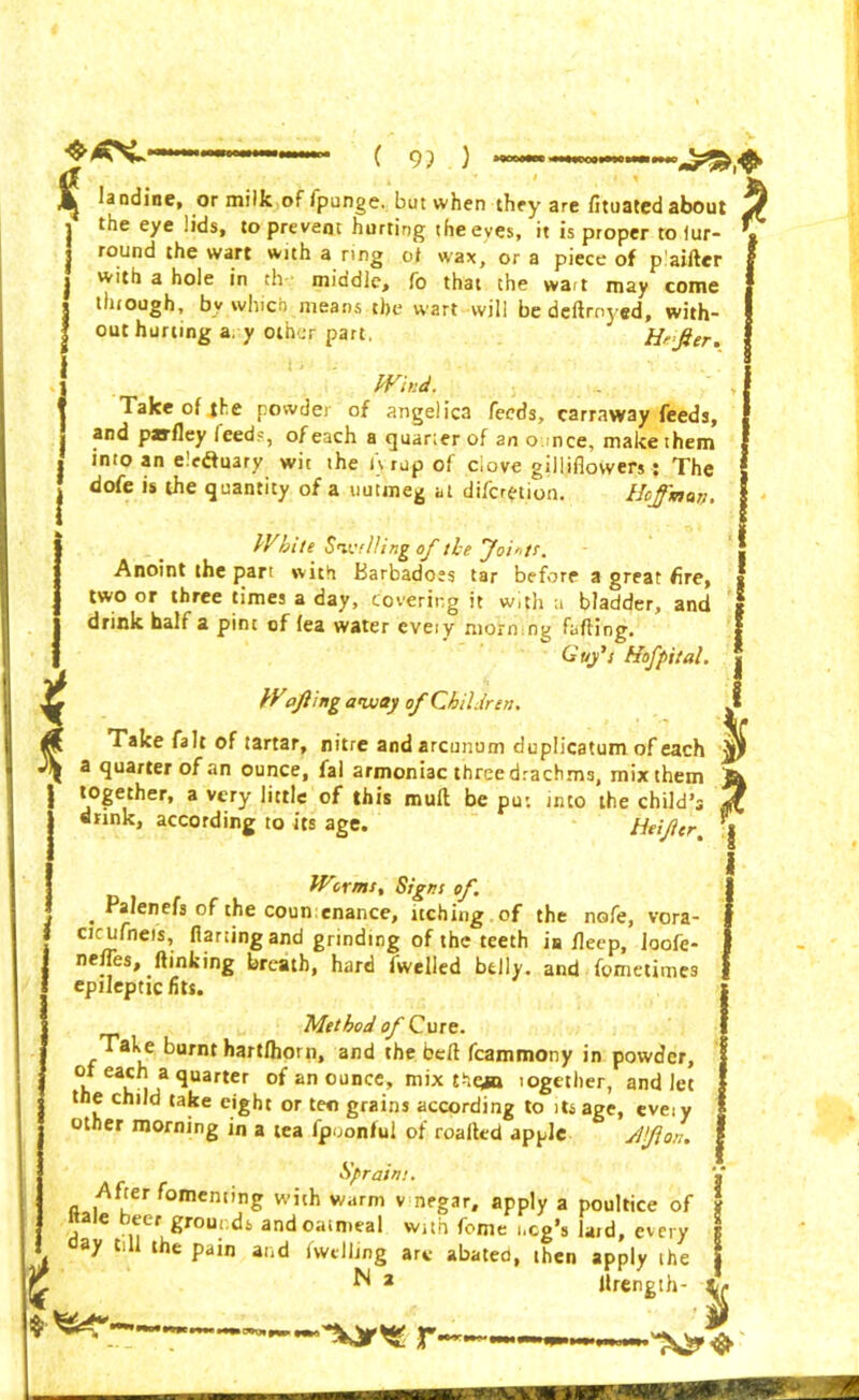 ♦4CNL- ( 9? ) z kj landine, or milk of ipunge. but when they are fituated about j the eye lids, to prevent hurting the eves, it is proper to lur- I round the wart with a ring of wax, or a piece of plaifter with a hole in th middle, fo that the wait may come through, by which means the wart will be deftroyed, with- out hurting a. y other part. Hejfier. Wind. lake of the powder of angelica feeds, carraway feeds, and parfley ieed?, of each a quarter of an ounce, make them into an elcftuary wit the l\rup of clove gilliflowers: The dofe is the quantity of a nutmeg at difcr(-tion. Hoffman. While Sivflling of the Joints. Anoint the part with Barbadoes tar before a great fire, I two or three times a day, covering it with a bladder, and I drink half a pint of lea water every momng faffing. Guy's Hofpital. j Wajling away of Children. I Take fait of tartar, nitre and arcunum duplicatum of each ^ a quarter of an ounce, fal armoniac three drachms, mix them Jk d°rfnkher’ 3 Ty liHl.C °f this muft be PU; inC0 the chiId’3 5? drink, according to its age. Hei/te Worms. Signs of. Palenefs of the coun enance, itching of the nofe, vora- cicufneis, fiarting and grinding of the teeth ia flecp, Joofe- nelfes, ftinking breath, hard fwelled belly, and fometime3 epileptic fits. Method of Cure. ~a''e burnt hartlhorn, and the bell fcammony in powder, ea^ a quarter of an ounce, mix t-hc*n logether, and let the child take eight or ten grains according to its age, eveiy ? other morning in a tea fpoonful of roalftd apple /If on. I Syr aim. V After fomenting with warm v negar, apply a poultice of f ae jeer grounds and oatmeal with feme i.cg’s laid, every g ay t.ll the pain and iwdling art abated, then apply the j N 2 llrength r