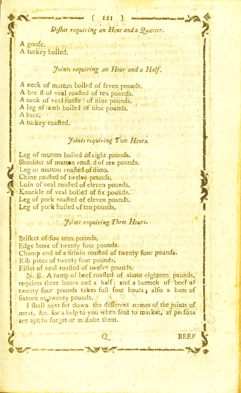 4 xv t i % ( i^i ) . .1 . i. «.i • * DJhit requiring an Hour and a Quarter. A goofe. A turkey boiled. i Joiner requiring an Hour and a Half. A neck of mutton boiled of feven pounds. A bre ft of veal roafted of ten pounds. A neck of veal roafte .i of nine pounds. A leg of iamb boiled of nine pounds. A hare. , A turkey roafted. . ' ? 4- i ! : ff.y j- Jointt requiring Two Hourj. 1 Leg of mutton boiled bf eight pounds. Shoulder of mutton roaft. d of ten pounds. Legot mutton roafted of ditto. Chine roafted of twelve pounds. Loin of veal roafted of eleven pounds. Knuckle of veal boiled of fix pounds. Leg of pork roafted of eleven pounds. Leg of pork boiled of ten pOUnds. : . i • j i I . .. X u. - r i .. ’ Joints requiring Three Hours• Brifket of;fou teen, pounds. Edge bone of twenty four pounds. Chump end of a firloin roafted of twenty four pounds. Rib piece of twenty four pounds. Fillet of veal roafted of twelve pounds; N. L. A rump of beef roafted of about eighteen pounds, requires three hours and a half; and a buttock of beef of twenty four pounds takes full four hours j alfo a ham of fixteen oi^twenty pounds. n 1 (hall next fet down the different names of the joints of meat, &c. for a help to you-when fent to market, aS peifons are apt, to forget of offtake them. $ 2 t ! % WCO/W. Q, BEEF ^