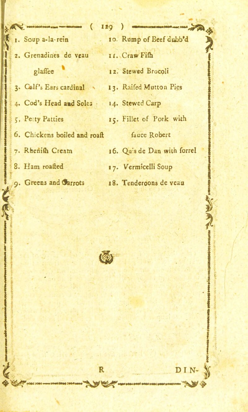 ( 1*9 IO. ) ^ i. Soup a-la-rein I 2. Grenadines de veau if, gla/Tee ' 1z 3. Gelf’s Ears cardinal n 13. 4. Cod’s Head and Soles 14. Pe;ty Patties 15 6. Chickens boiled and road 7. Rheriilh Cream 16. * $ 8. Ham roalied 1 7 9. Greens and (fcrrots 18 Rump of Beef dubb’d Craw Filh / Stewed Brocoli Railed Mutton Pies Stewed Carp Fillet of Pork with fauce Robert Qu:s de Dan with forrel Vermicelli Soup Tenderoons de veau 2 ¥ * 1