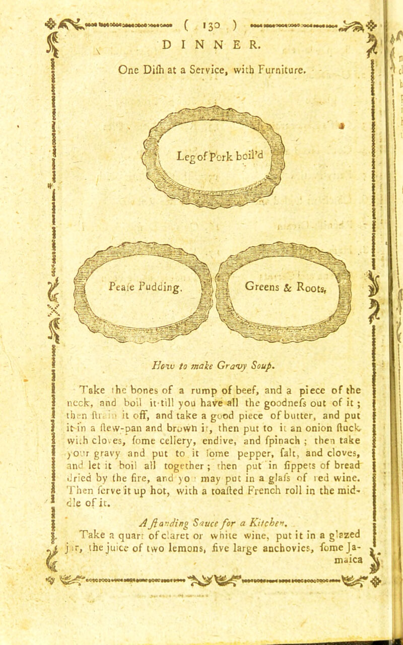 ■MMiWimcmimuii ( I JO ) DINNER. One Difh at a Service, with Furniture. 5 IjCw to Mate Gravy Soup. A flooding Sauce for a Kitcbe”. Take a quart of claret or white wine, put it in a glazed jir, the juice of two lemons, five large anchovies, fomeja- Take the bones of a rump of beef, and a piece of the neck, and boil it-till you have all the goodnefs out of it; tb;-n hi - it off, and take a good piece of butter, and put it-in a dew-pan and brown it, then put to it an onion (luck, wivh cloves, fome cellery, endive, and fpinach ; then take your gravy and put to it iome pepper, fait, and cloves, and let it boil all together; then put in fippets of bread dried by the fire, and )0 may put in a glafs of red wine. Then ferve itup hot, with a toafted French roll in the mid' die of it. * {» £l 1 k 1 i f