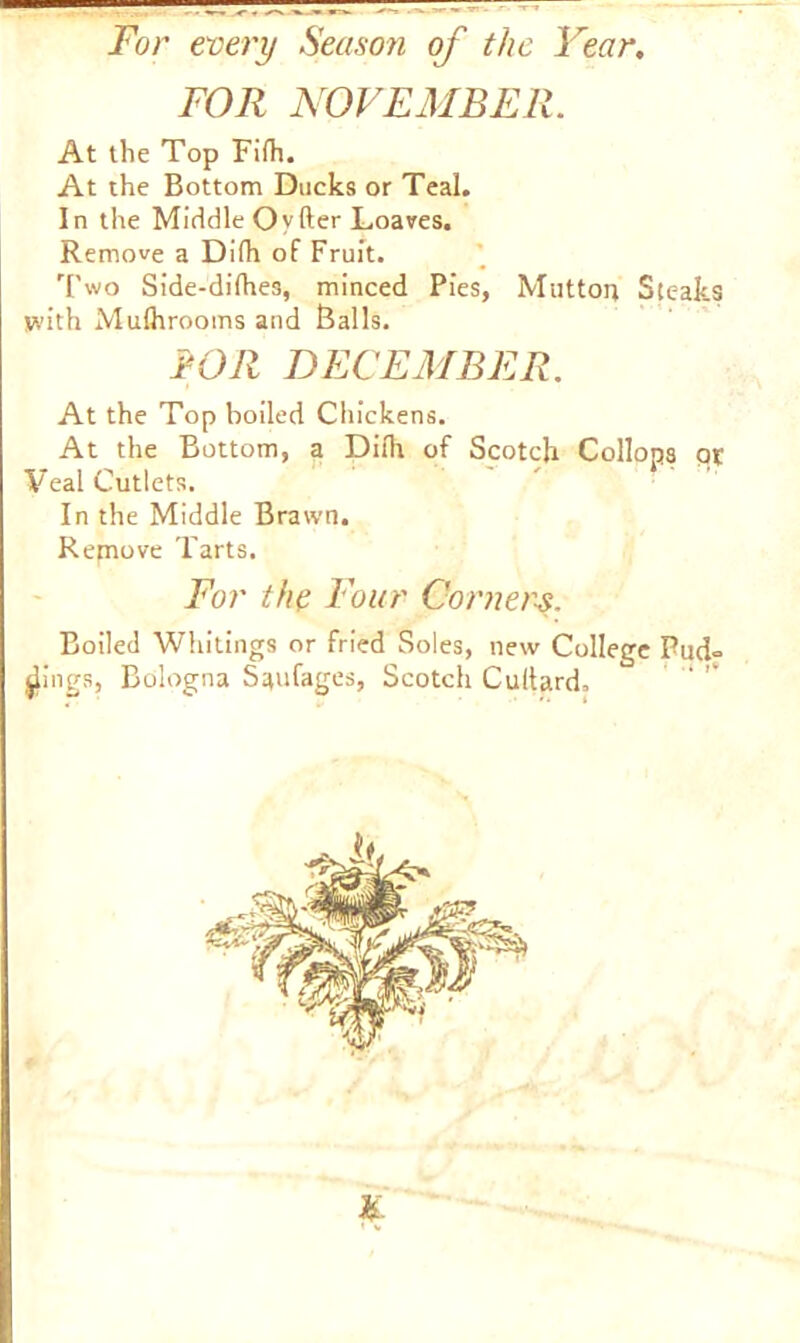 FOR NOVEMBER. At the Top Fifh. At the Bottom Ducks or Teal. In the Middle Ovfter Loaves. Remove a Di(h of Fruit. Two Side-dilhes, minced Pies, Mutton Stc-aks yvith Mulhrooms and Balls. fOR DECEMBER. At the Top boiled Chickens. At the Bottom, a Dith of Scotch Collops q% Veal Cutlets. In the Middle Brawn. Repiove Tarts. For the Four Corners. Boiled Whitings or fried Soles, new College Pud- dings, Bologna Saufages, Scotch Cuftard. K