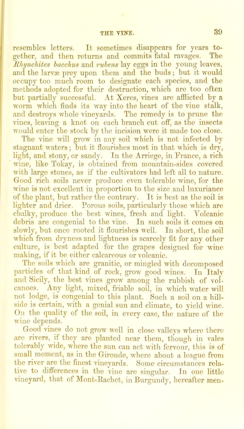 resembles letters. It sometimes disappears for years to- gether, and then returns and commits fatal ravages. The Ehyncliites hacclius and rubens lay eggs in the young leaves, and the larvee prey upon them and the buds; but it would occupy too much room to designate each species, and the methods adopted for their destruction, which are too often but partially successful. At Xeres, vines are afflicted by a worm which finds its way into the heart of the vine stalk, ' and destroys whole vineyards. The remedy is to prime the vines, leaving a knot on each branch cut off, as the insects I would enter the stock by the incision were it made too close. The vine will grow in any soil which is not infected by stagnant waters; but it flourishes most in that which is dry, light, and stony, or sandy. In the Amege, in France, a rich wine, like Tokay, is obtained from mountain-sides covered with large stones, as if the cultivators had left all to nature. Good rich soils never produce even tolerable wine, for the wine is not excellent in proportion to the size and luxuriance of the plant, but rather the contrary. It is best as the soil is lighter and drier. Porous soils, particularly those which are chalky, produce the best wines, fresh aud light. Volcanic debris are congenial to the vine. In such soils it comes on slowly, but once rooted it flourishes well. In short, the soil which from dryness and lightness is scarcely fit for any other culture, is best adapted for the gi’apes designed for wine making, if it be either calcareous or volcanic. The soils which are gi’auitic, or mingled with decomposed particles of that kind of rock, grow good i\uncs. In Italy and Sicily, the best vines grow among the rubbish of vol- canoes. Any light, mixed, friable soil, in which water will not lodge, is congenial to this plant. Such a soil on a hill- side is certain, with a genial sun and climate, to yield wine. On the quality of the soil, in every case, the nature of the wine depends. Good vines do not grow well in close valleys where there arc rivers, if they are planted near them, though in vales tolerably wide, where the sun can act with fervour, this is of small moment, as in the Gironde, w'here about a league from the river are the finest vineyards. Some circumstances rela^ tive to differences in the vine are singular. In one little vineyard, that of Mont-Kachet, in Biu’gundy, hereafter men-