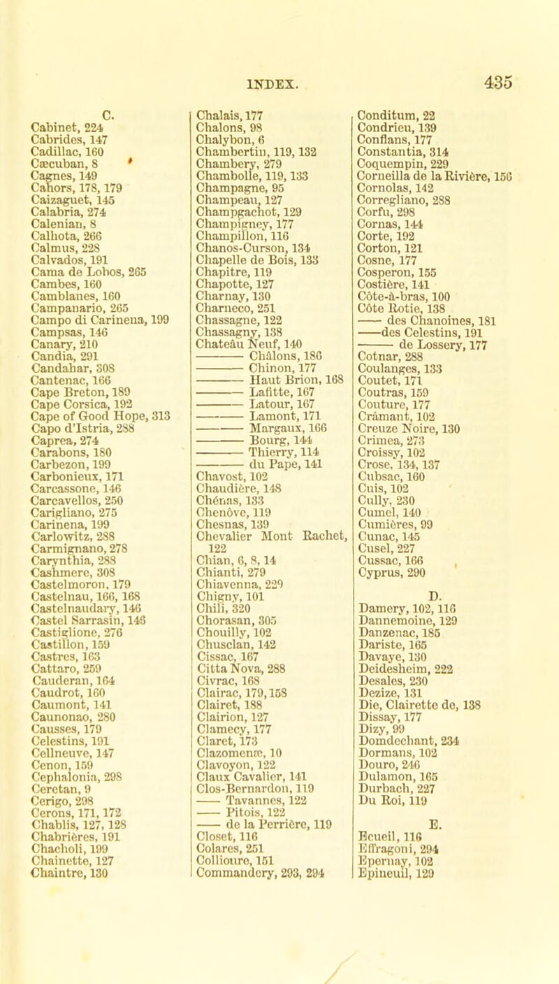 c. Cabinet, 224 Cabrides, 147 Cadillac, 160 CiBcuban, 8 * Cagnes, 149 Cahors, 178,179 Caizaguct, 145 Calabria, 274 Calenian, 8 Cal beta, 266 Calm us, 228 Calvados, 191 Cama de Lohos, 265 Cambes, 160 Camblanes, 160 Campanario, 265 Campo di Carineua, 199 Campsas, 146 Canary, 210 Candia, 291 Candahar, SOS Cantenac, 166 Cape Breton, 189 Cape Corsica, 192 Cape of Good Hope, 313 Capo d’Istria, 288 Caprea, 274 Carabons, 180 Carbezon,199 Carbonieux, 171 Carcassone, 146 Carcavellos, 250 Carigliano, 275 Carinena, 199 Carlowitz, 288 Carmignano, 278 Carynthia, 288 Cashmere, 308 Castelmoron, 179 Castelnau, 166, 168 Castolnaudaiy, 146 Castel Sarrasin, 148 Castiglione, 276 Castillon, 159 Castres, 163 Cattaro, 259 Cauderan, 164 Caudrot, 160 Caumont, 141 Caunonao, 280 Gausses, 179 Celestins, 191 Cellneuve, 147 Cenon, 159 Cephalonia, 298 Cerctan, 9 Cerigo, 298 Cerons, 171,172 Chablis, 127,128 ChabriOres, 191 Chaclioli, 199 Chainette, 127 Chaintre, 130 Chalais, 177 Chalons, 98 Chalybon, 6 Chambertin, 119,132 Chambery, 279 Chambolle, 119,133 Champagne, 95 Champeau, 127 Champpachot, 129 Champigney, 177 Champillon, 116 Chanos-Curson, 134 Chapelle de Bois, 133 Chapitre, 119 Chapotte, 127 Charnay, 130 Charneco, 251 Chassagne, 122 Chassagny, 138 Chateau Neuf, 140 Chalons, 186 Chinon, 177 Haut Brion, 168 Lafitte, 167 Latour, 167 Lamont, 171 Margaux, 166 Bourg, 144 Thierry, 114 du Pape, 141 Chavost, 102 ChaudiOre, 148 Chinas, 133 ChenOve, 119 Chesnas, 139 Chevalier Mont Rachet 122 Chian, 6, 8,14 Chianti, 279 Chiavenna, 229 Chigny, 101 Chili, 320 Chorasan, 305 Chouilly, 102 Chusclan, 142 Cissac, 167 Citta Nova, 288 Civrac, 168 Clairac, 179,168 Clairet, 188 Clairion, 127 Clamecy, 177 Claret, 173 Clazomenm, 10 Clavoyon,122 Claux Cavalier, 141 Clos-Bcrnardon, 119 Tavannes, 122 Pitois, 122 do la PcrriOrc, 119 Closet, 116 Colares, 251 Colliouro, 151 Commandcry, 293, 294 Conditum, 22 Condrieu, 139 Conflans, 177 Constantia, 314 Coquempin, 229 Corneilla de la EiviOre, 156 Cornolas, 142 Corregliano, 288 Corfu, 298 Comas, 144 Corte, 192 Gorton, 121 Cosne, 177 Cosperon,155 CostiOre, 141 C6te-il-bras, 100 cote llotio, 138 des Chanoines, 181 des Celestins, 191 de Lossery, 177 Cotnar, 288 Coulanges, 133 Coutet, 171 Coutras, 159 Couture, 177 Cramant, 102 Greuze Noire, 130 Crimea, 273 Croissy, 102 Crose, 134,137 Cubsac, 160 Cuis, 102 Cully, 230 Cumel, 140 CumiOres, 99 Cunac, 145 Cusel, 227 Cussac, 166 , Cyprus, 290 D. Damery, 102,116 Dannemoine, 129 Danzenac, 185 Darlste, 165 Davaye, 130 Deidesheim, 222 Desales, 230 Dezizo, 131 Die, Clairetto do, 138 Dissay, 177 Dizy, 99 Domdcchant, 234 Dormans, 102 Douro, 246 Dulamon, 165 Durbach, 227 Du Roi, 119 E. Rcueil, 116 Ellragoni, 294 Epornay, 102 Epineuil, 129