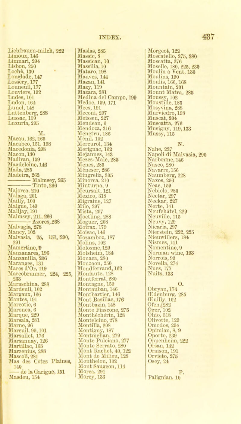 Liebfrauen-milch, 222 Limoiix, 146 Limnari, 294 Lisbon, 250 Lochfe, 130 Longlade, 147 Lossery, 177 Louneuil, 177 Louviers, 192 Ludes, 101 Ludon, 164 Lunel, 148 Luttenberg, 288 Lussac, 159 Liutviria, 295 M. Macau, 162,165 Macabeo, 151,198 Macedonia, 298 Macon, 130 Madiran, 159 Magdeleine, 146 Mada, 285 Madeira, 262 Malmsey, 263 Tinto, 266 Majorca, 210 JIalaga, 201 Mailly, 100 Malgue, 149 Malijay, 191 Malmsey, 211,266 Azores, 268 Malvagia, 278 Mancy, 102 Malvasia, 25, 151, 290, 291 Mamertine, 9 Manzanares, 196 Manzanilla, 206 Maranges, 131 Marcs d’Or, 119 Marcobnmner, 224, 225, 233 Marasehina, 288 Mardeuil, 102 Margaui, 166 Mantes, 191 Mareotic, 6 Maronea, 6 Marque, 229 Marsala, 281 Marne, 96 Mareuil, 99,101 Marsallet, 176 Marsannay, 126 MartUlac, 163 Marzenius, 288 Mascoli, 281 Mas des C6tes Plaines, 140 do la Garigue, 161 Masdeu, 154 Maslas, 285 Massic, 8 Massican, 10 Massilia, 10 Mataro, 198 Mauves, 144 Mazan, 141 Mazy, 119 Mazara, 281 Medina del Campo, 199 Medoc, 159,171 Mees, 191 Meconi, 297 Meissen, 227 Mendean, 6 Mendoza, 316 MOnetru, 186 Menil, 102 Mercurol, 134 Merignac, 162 Mejanues, 143 Mezes-MalO, 285 Menes, 285 Meneser, 286 Mingrelia, 305 Minorca, 210 Mintm-na, 9 Meursalt, 121 Mexico, 318 Migraine, 127 Milo, 297 Mista, 297 Moetling, 288 Moguer, 208 Moirax, 179 Moisac, 146 Mozamboz, 187 Molins, 102 Molosme, 129 Molsheim, 184 Monaca, 280 Monoaon, 250 Mondferrand, 102 Monfaute, 128 Montferrat, 280 Montague, 159 Montauban, 146 Montbartier, 146 Mont Basillac, 176 Montbazin, 148 Monte Fiascone, 276 MonthOchOrin, 128 Montelcino, 278 Montilla, 208 Montigny, 187 Montmelian, 279 Monte Pulciano, 277 Monte Serrato, 280 Mont Rachet, 40,122 Mont dc Milieu, 128 Monthclon, 102 Mont Saugcon, 114 Morca, 291 Morey, 133 Morgeot, 122 Moscatello, 275, 280 Moscatta, 276 Moselle, 180, 225, 230 Moulin ii Vent, 130 Moulins, 190 Moulis, 166,168 Mountain, 201 Mount Matra, 285 Moussy, 102 Moustille, 185 Mosyyina, 288 Murviedro, 198 Muscat, 204 Muscatta, 276 Musigny, 119,133 Mussy, 115 N. Nalie, 227 Napoli di Malvasia, 290 Narbon'ne, 146 Nasco, 280 Navarre, 156 Naumberg, 228 Naxos, 296 Neac, 159 Nebiolo, 280 Nectar, 297 Neckar, 227 Nerte, 141 Ncufcbatel, 229 Neuville, 115 Neuvy, 129 Nicaria, 297 Nierstein, 222, 225 Nieuwillers, 184 Nismes, 141 Nomen tine, 9 Norman wine, 193 Norrois, 09 Novella, 274 Nues, 177 Nuits, 133 O. Obryan, 174 (Edenburg, 285 (Euilly, 102 Ofen,j282 Ogcr, 102 Ohio, 318 Olivette, 129 Omodos, 294 Opimian, 8, 9 Oporto, 239 Oppenlicim, 222 Orsan, 142 Oraison, 191 Onieto, 275 Oscy, 24 P. Palignian, 10