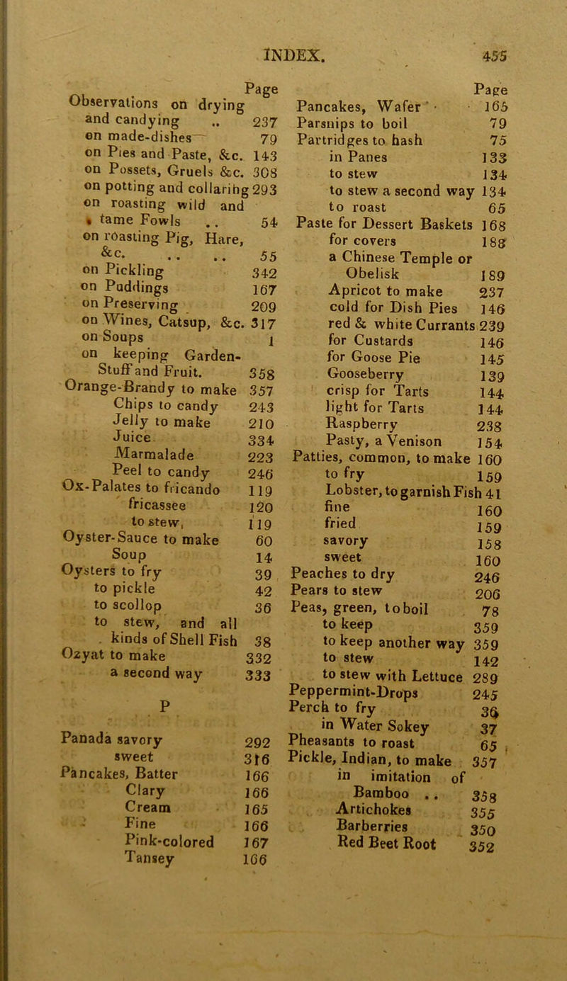 Observations on drying and candying .. 237 on made-dishes— 79 on Pies and Paste, &c. 143 on Possets, Gruels &c. 308 on potting and coliarihg293 on roasting wild and • tame Fowls 54 on roasting Pig, Hare. &c. • • • • • 55 on Pickling 342 on Puddings 167 on Preserving 209 on Wines, Catsup, &c. 317 on boups 1 on keeping Garden- Stuff and Fruit. 358 Orange-Brandy to make 357 Chips to candy 243 Jelly to make 210 Juice 334 Marmalade 223 Peel to candy 246 Ox-Palates to fricando 119 fricassee 120 to stew, 119 Oyster-Sauce to make 60 Soup 14 Oysters to fry 39 to pickle 42 to scollop 36 to stew, and all kinds of Shell Fish 38 Ozyat to make 332 a second way 333 P Panada savory 292 sweet 316 Pancakes, Batter 166 Clary 166 Cream 165 Fine 166 Pink-colored 167 Tansey 166 Page Pancakes, Wafer • 165 Parsnips to boil 79 Partridges to hash 75 in Panes 133 to stew 134 to stew a second way 134 to roast 65 Paste for Dessert Baskets 168 for covers 188 a Chinese Temple or Obelisk 189 Apricot to make 237 cold for Dish Pies 146 red & white Currants 239 for Custards 146 for Goose Pie 145 Gooseberry 139 crisp for Tarts 144 light for Tarts 144 Raspberry 238 Pasty, a Venison 154 Patties, common, to make 160 to fry 159 Lobster, to garnish Fish 41 fine 160 fried 159 savory 158 sweet 160 Peaches to dry 246 Pears to stew 200 Peas, green, to boil 78 to keep 359 to keep another way 359 to stew 142 to stew with Lettuce 289 Peppermint-Drops 245 Perch to fry 3$ in Water Sokey 37 Pheasants to roast 65 Pickle, Indian, to make ^ f 357 in imitation of Bamboo . . 358 Artichokes 355 Barberries 350 Red Beet Root 352
